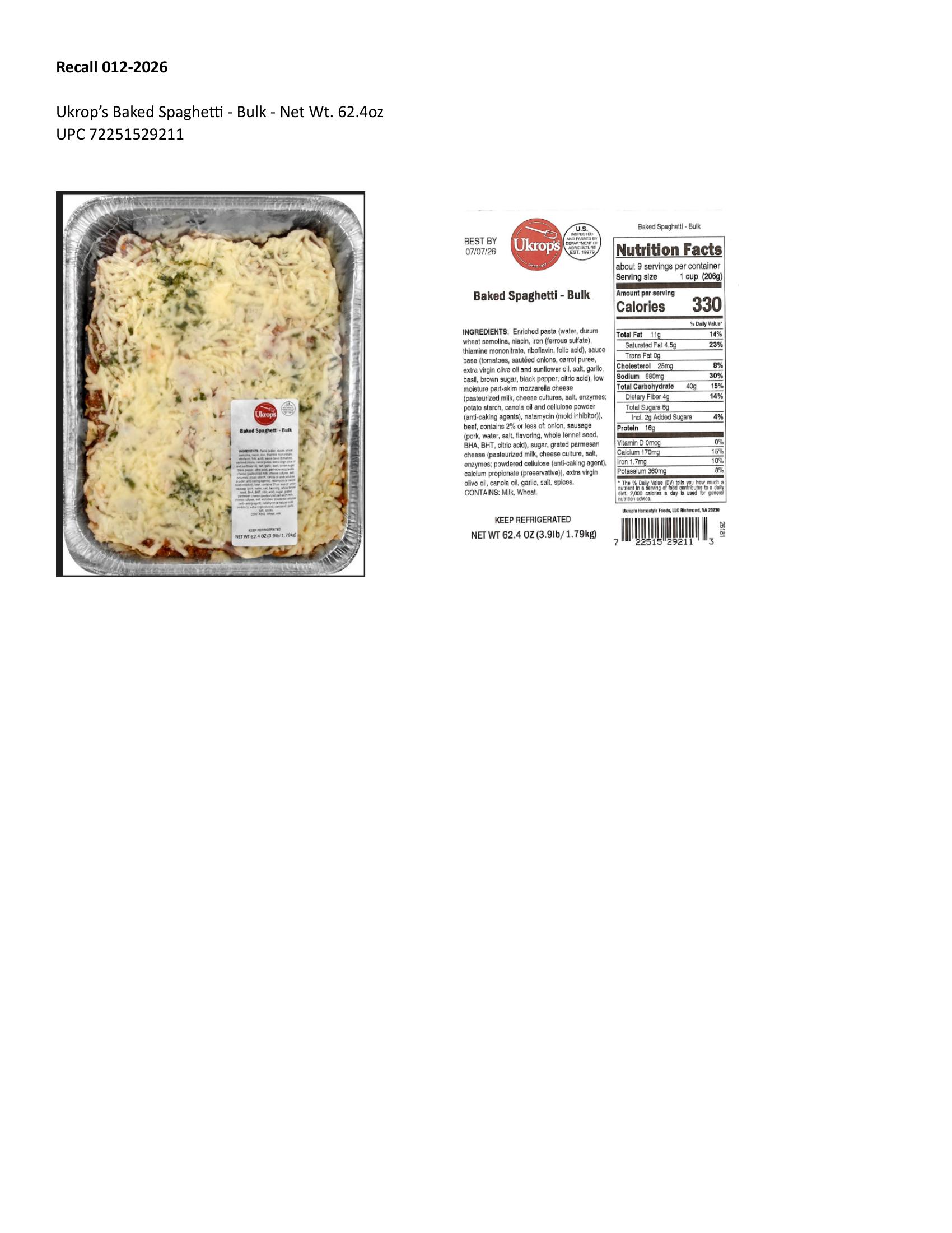 Ukrop's Recalls Baked Spaghetti and Chicken Cobbler for Metal Contamination