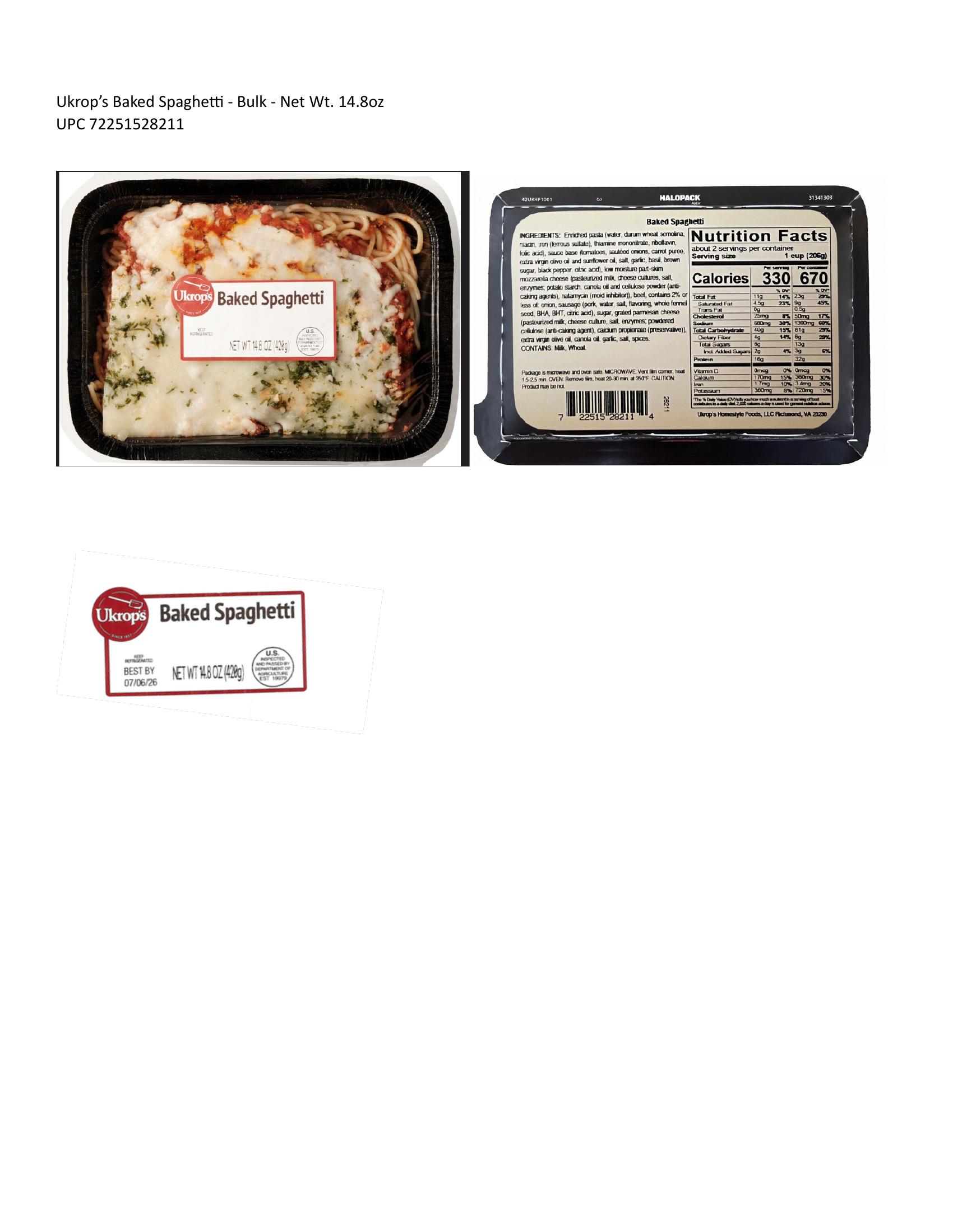 Product label for 62.4-oz. ALUMINUM PAN WITH PLASTIC OVERWRAP containing "Ukrop's Baked Spaghetti - Bulk" and BEST BY dates from 07/08/26 through 08/05/26 on the label and bears establishment number "EST. 19979" in the mark of inspection.; 14.8-oz. CARDBOARD TRAY WITH PLASTIC OVERWRAP containing "Ukrop's Baked Spaghetti" and BEST BY dates from 07/08/26 through 08/05/26 on the label and bears establishment number "EST. 19979" in the mark of inspection.; 48-oz. ALUMINUM PAN WITH PLASTIC OVERWRAP containing "Ukrop's Chicken Cobbler - Bulk" and BEST BY dates from 07/08/26 through 08/05/26 on the label and bears establishment number "P-19979" in the mark of inspection.; 11.6-oz. CARDBOARD TRAY WITH PLASTIC OVERWRAP containing "Ukrop's Chicken Cobbler" and BEST BY dates from 07/08/26 through 08/05/26 on the label and bears establishment number "P-19979" in the mark of inspection. (page 2)