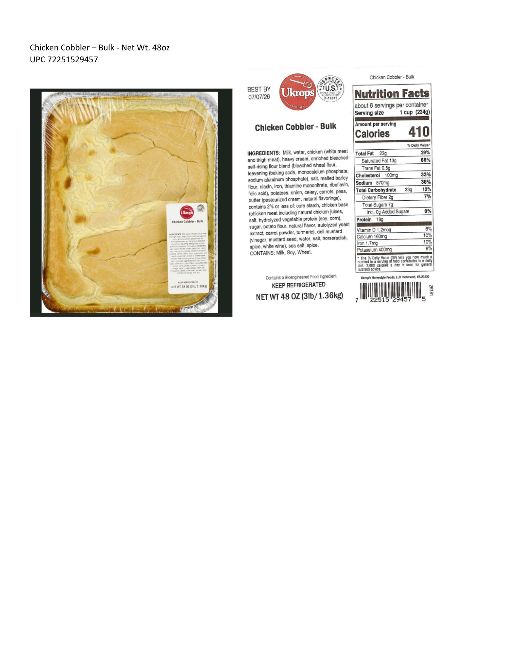 Product label for 62.4-oz. ALUMINUM PAN WITH PLASTIC OVERWRAP containing "Ukrop's Baked Spaghetti - Bulk" and BEST BY dates from 07/08/26 through 08/05/26 on the label and bears establishment number "EST. 19979" in the mark of inspection.; 14.8-oz. CARDBOARD TRAY WITH PLASTIC OVERWRAP containing "Ukrop's Baked Spaghetti" and BEST BY dates from 07/08/26 through 08/05/26 on the label and bears establishment number "EST. 19979" in the mark of inspection.; 48-oz. ALUMINUM PAN WITH PLASTIC OVERWRAP containing "Ukrop's Chicken Cobbler - Bulk" and BEST BY dates from 07/08/26 through 08/05/26 on the label and bears establishment number "P-19979" in the mark of inspection.; 11.6-oz. CARDBOARD TRAY WITH PLASTIC OVERWRAP containing "Ukrop's Chicken Cobbler" and BEST BY dates from 07/08/26 through 08/05/26 on the label and bears establishment number "P-19979" in the mark of inspection. (page 3)