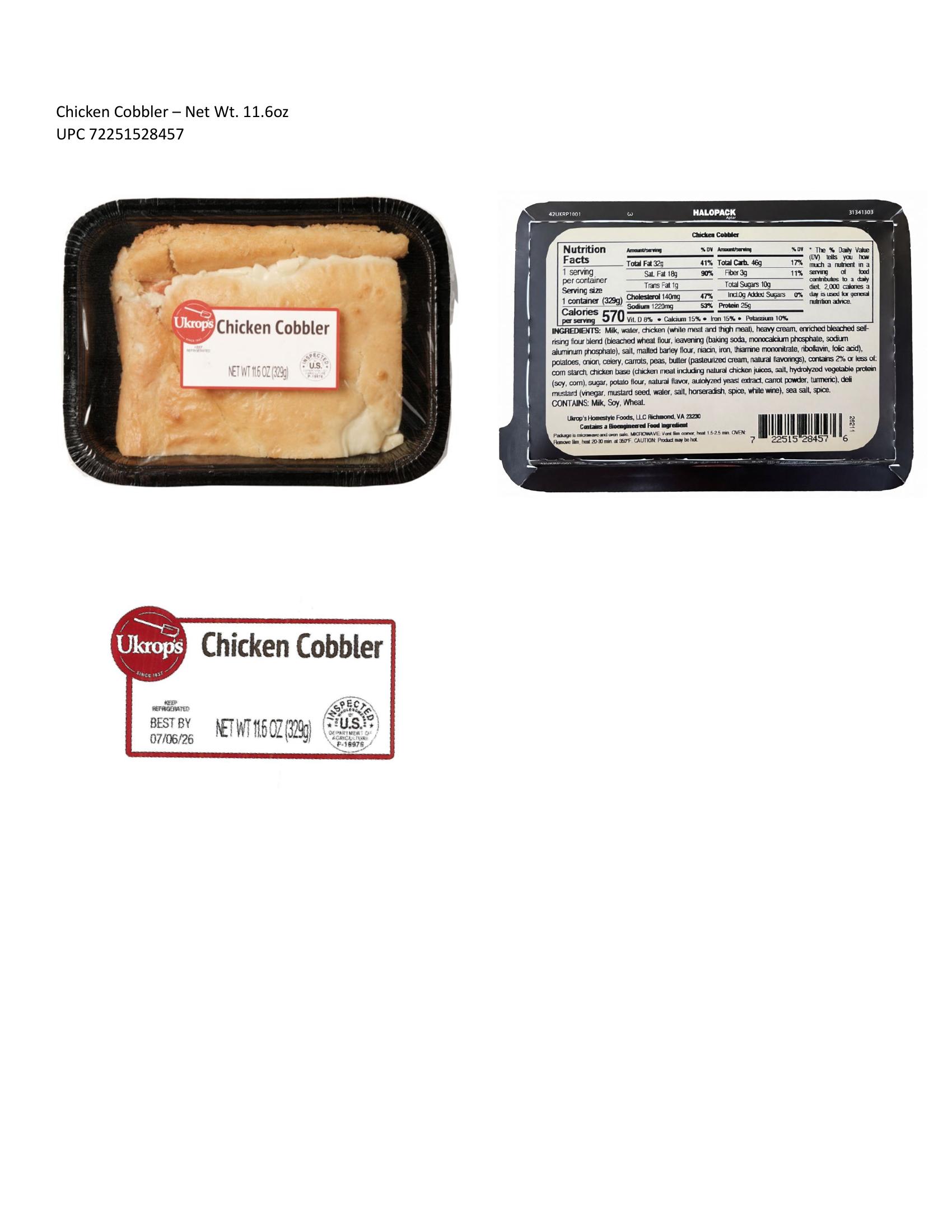 Product label for 62.4-oz. ALUMINUM PAN WITH PLASTIC OVERWRAP containing "Ukrop's Baked Spaghetti - Bulk" and BEST BY dates from 07/08/26 through 08/05/26 on the label and bears establishment number "EST. 19979" in the mark of inspection.; 14.8-oz. CARDBOARD TRAY WITH PLASTIC OVERWRAP containing "Ukrop's Baked Spaghetti" and BEST BY dates from 07/08/26 through 08/05/26 on the label and bears establishment number "EST. 19979" in the mark of inspection.; 48-oz. ALUMINUM PAN WITH PLASTIC OVERWRAP containing "Ukrop's Chicken Cobbler - Bulk" and BEST BY dates from 07/08/26 through 08/05/26 on the label and bears establishment number "P-19979" in the mark of inspection.; 11.6-oz. CARDBOARD TRAY WITH PLASTIC OVERWRAP containing "Ukrop's Chicken Cobbler" and BEST BY dates from 07/08/26 through 08/05/26 on the label and bears establishment number "P-19979" in the mark of inspection. (page 4)