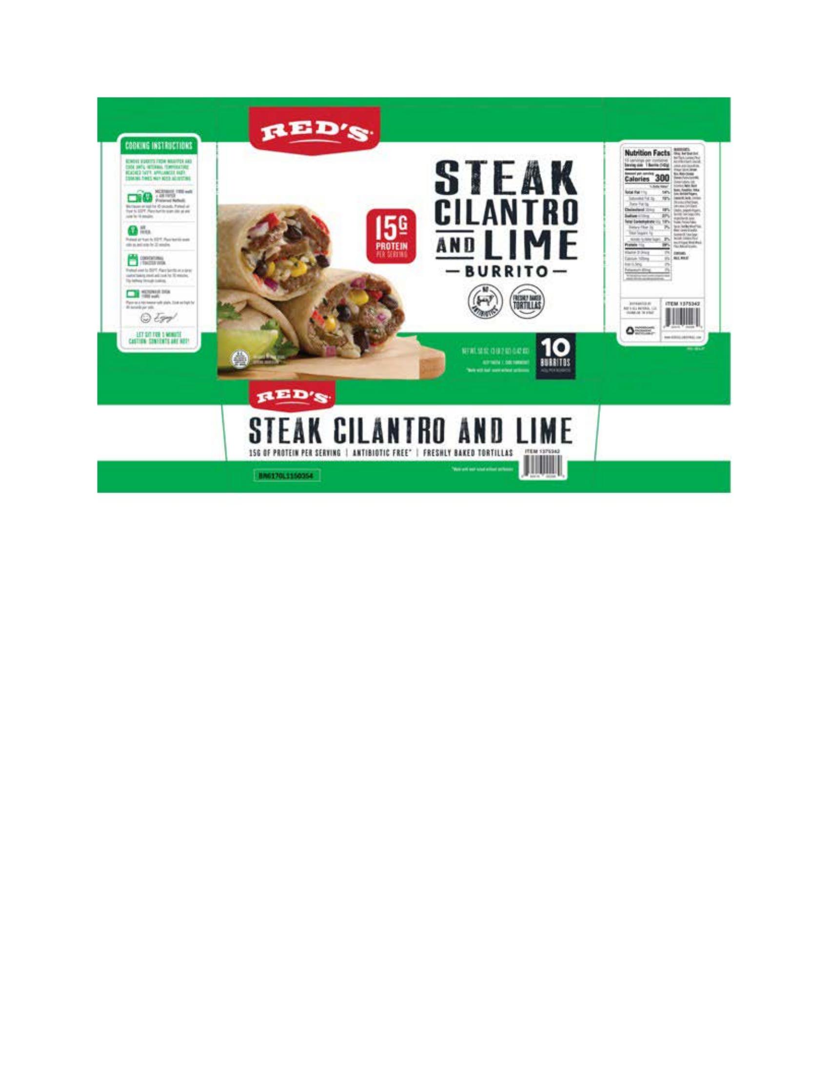 Product label for 3-lb 2-oz. carton containing 10 individually wrapped "RED'S STEAK CILANTRO AND LIME BURRITO" on the front package label with production lots, L1 SD6170 1503, L1 SD6170 1535, L1 SD6170 1606, L1 SD6170 1639, L1 SD6170 1717, L1 SD6170 1750, L1 SD6170 1831, L (page 2)