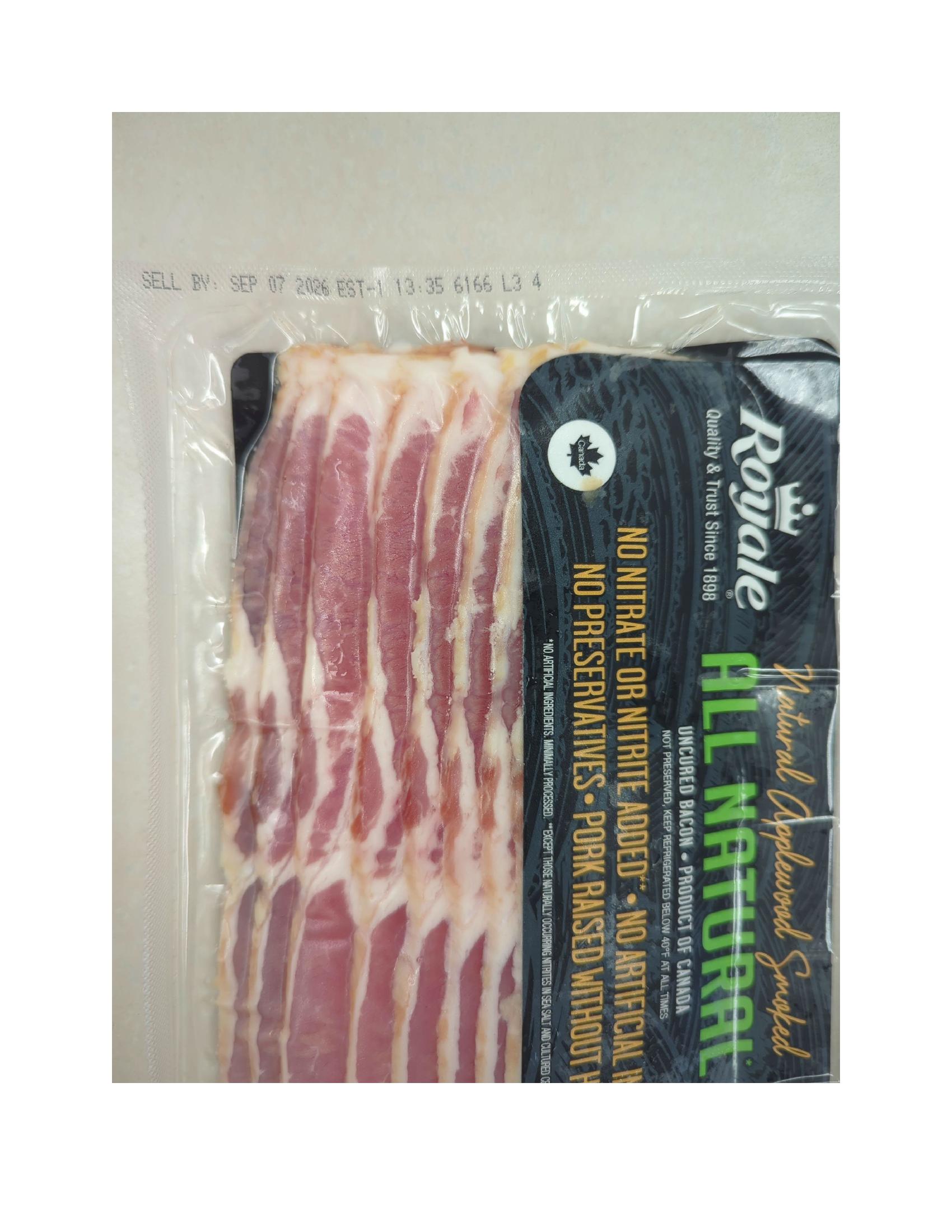 Product label for 12-oz vacuum package of "Royale Natural Applewood Smoked ALL NATURAL Uncured Bacon Product of Canada" with sell by dates of "SEP 01 2026" and "SEP 07 2026" printed on the side of the package; 12-oz vacuum package of "TOP VALU Uncured Hardwood Smoked Bacon PRODUCT OF CANADA" with various sell by dates of "SEP 01 2026", "SEP 02 2026", "SEP 04 2026", "SEP 05 2026", and "SEP 07 2026" printed on the side of the package (page 2)