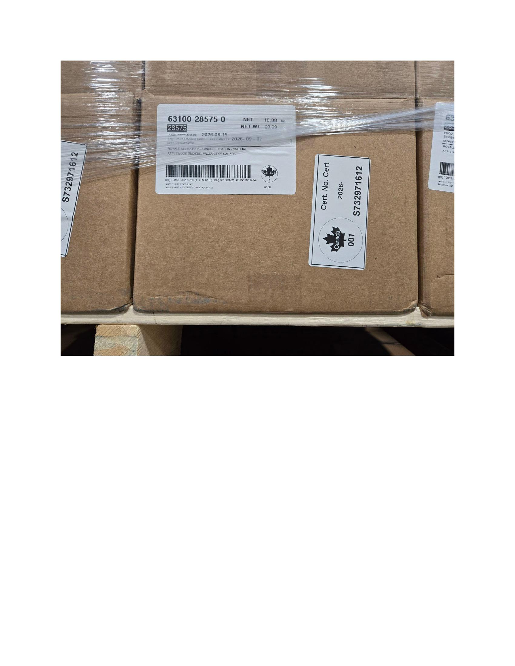 Product label for 12-oz vacuum package of "Royale Natural Applewood Smoked ALL NATURAL Uncured Bacon Product of Canada" with sell by dates of "SEP 01 2026" and "SEP 07 2026" printed on the side of the package; 12-oz vacuum package of "TOP VALU Uncured Hardwood Smoked Bacon PRODUCT OF CANADA" with various sell by dates of "SEP 01 2026", "SEP 02 2026", "SEP 04 2026", "SEP 05 2026", and "SEP 07 2026" printed on the side of the package (page 3)
