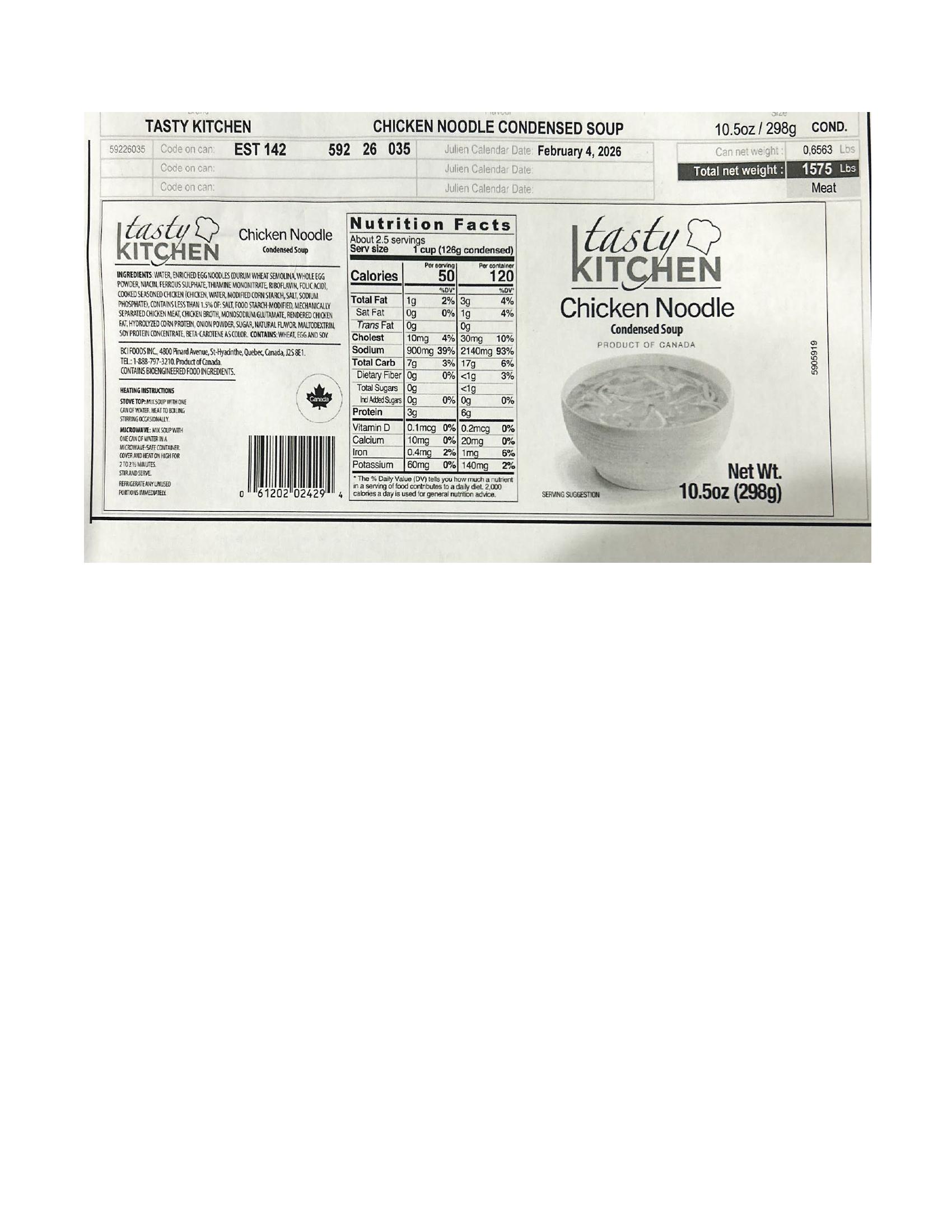 Product label for 10.5-oz can of "tasty KITCHEN Chicken Noodle Condensed Soup PRODUCT OF CANADA" with best by date of "2028 FE 04" and lot code "5 9 2 26 035" (page 3)