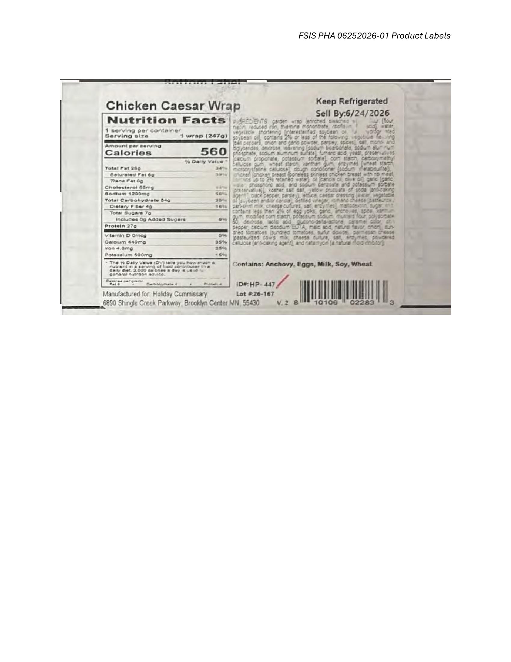 Product label for 8.7-oz. clear plastic wrapped packages of “FRESH SEASONS Kitchen Chicken Caesar Wrap” with “Sell By:6/24/2026” printed on the back label above the ingredients. (page 2)