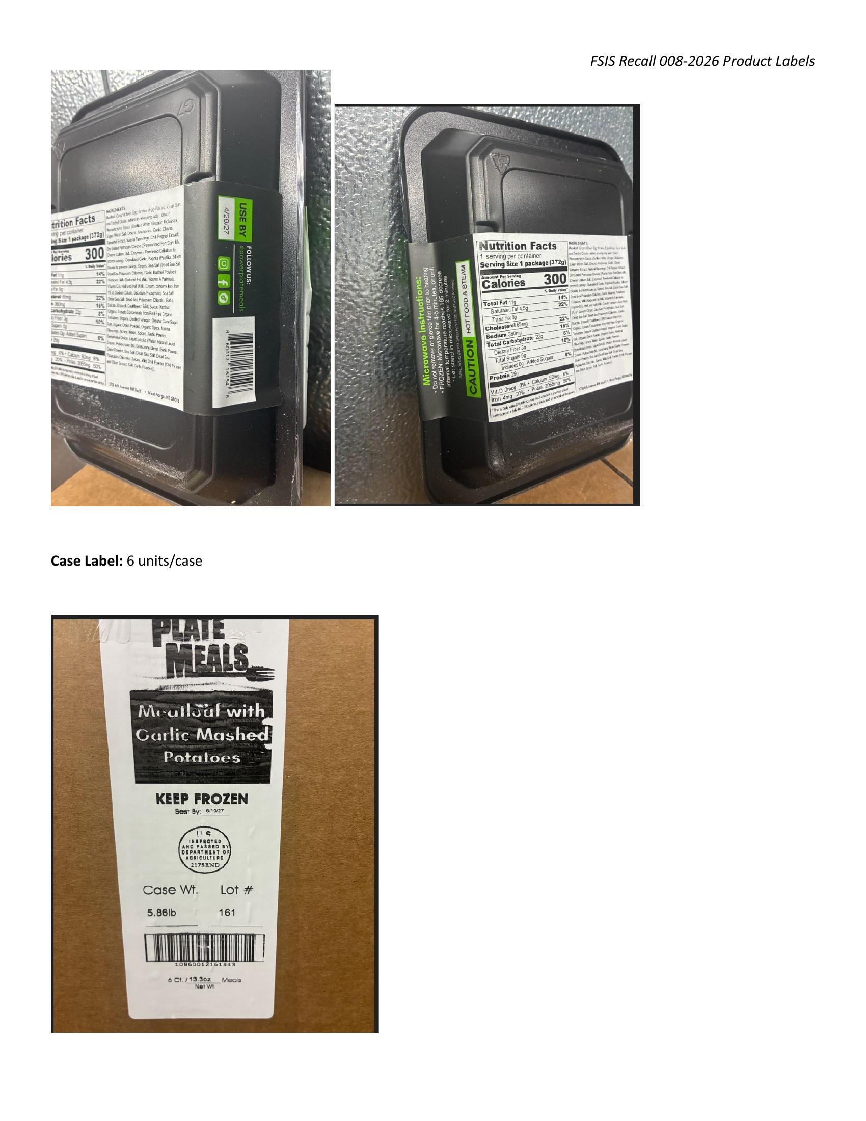 Product label for 13.3-oz. vacuum sealed plastic tray packages containing “POWER PLATE MEALS MEATLOAF WITH GARLIC MASHED POTATOES” and “USE BY” dates between 6/25/26 and 6/10/27. (page 2)