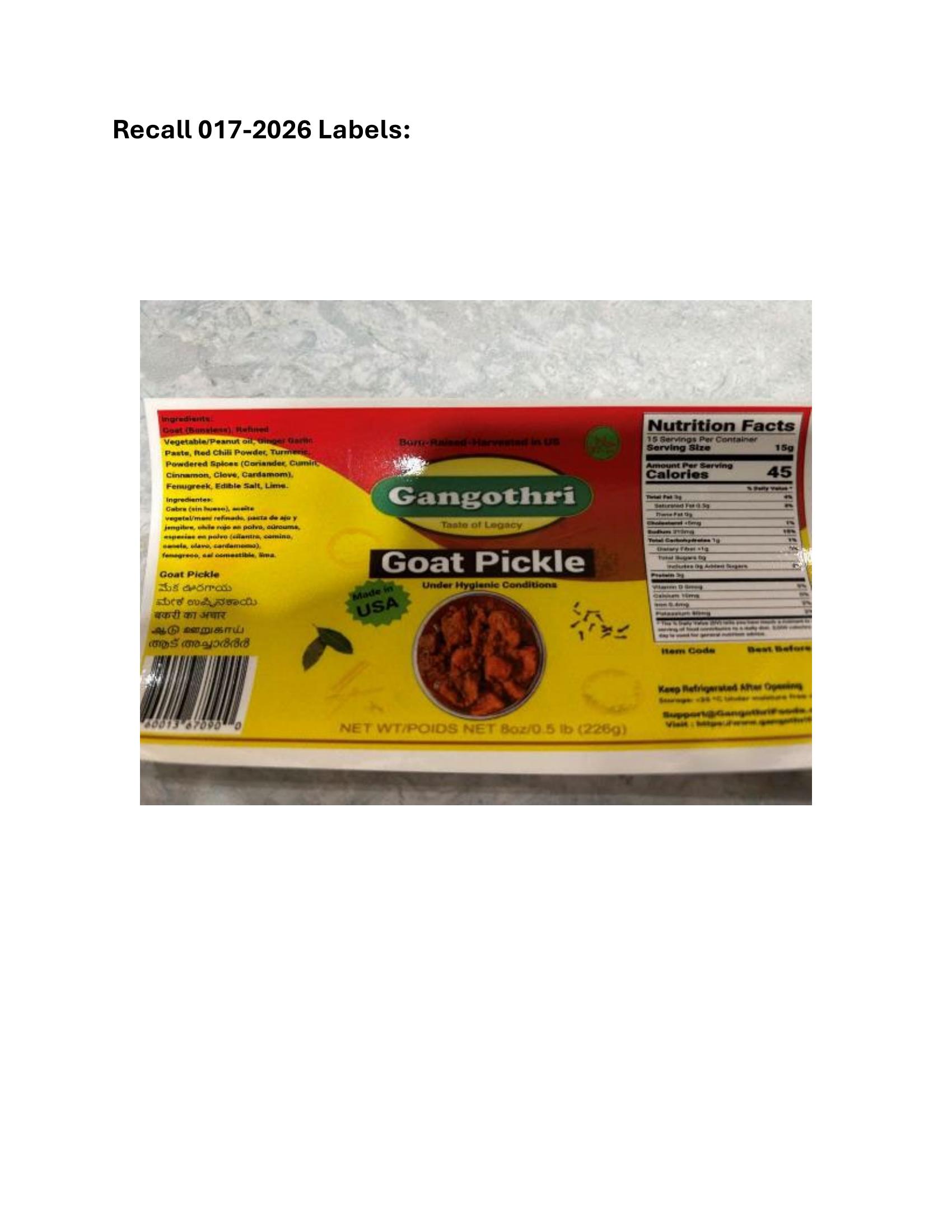 Product label for 8-oz. glass jars containing “Gangothri Goat Pickle”; 8-oz. glass jars containing “Gangothri Gongura Goat Pickle”; 8-oz. glass jars containing “Gangothri Chicken Pickle”; 8-oz. glass jars containing “Gangothri Gongura Chicken Pickle” (page 1)