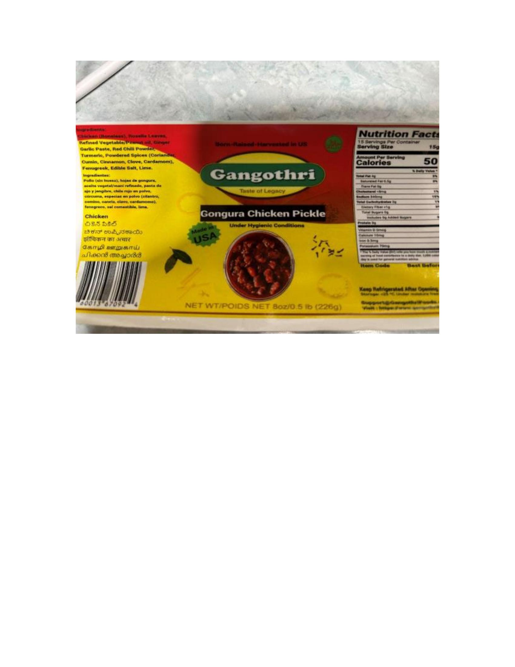 Product label for 8-oz. glass jars containing “Gangothri Goat Pickle”; 8-oz. glass jars containing “Gangothri Gongura Goat Pickle”; 8-oz. glass jars containing “Gangothri Chicken Pickle”; 8-oz. glass jars containing “Gangothri Gongura Chicken Pickle” (page 10)