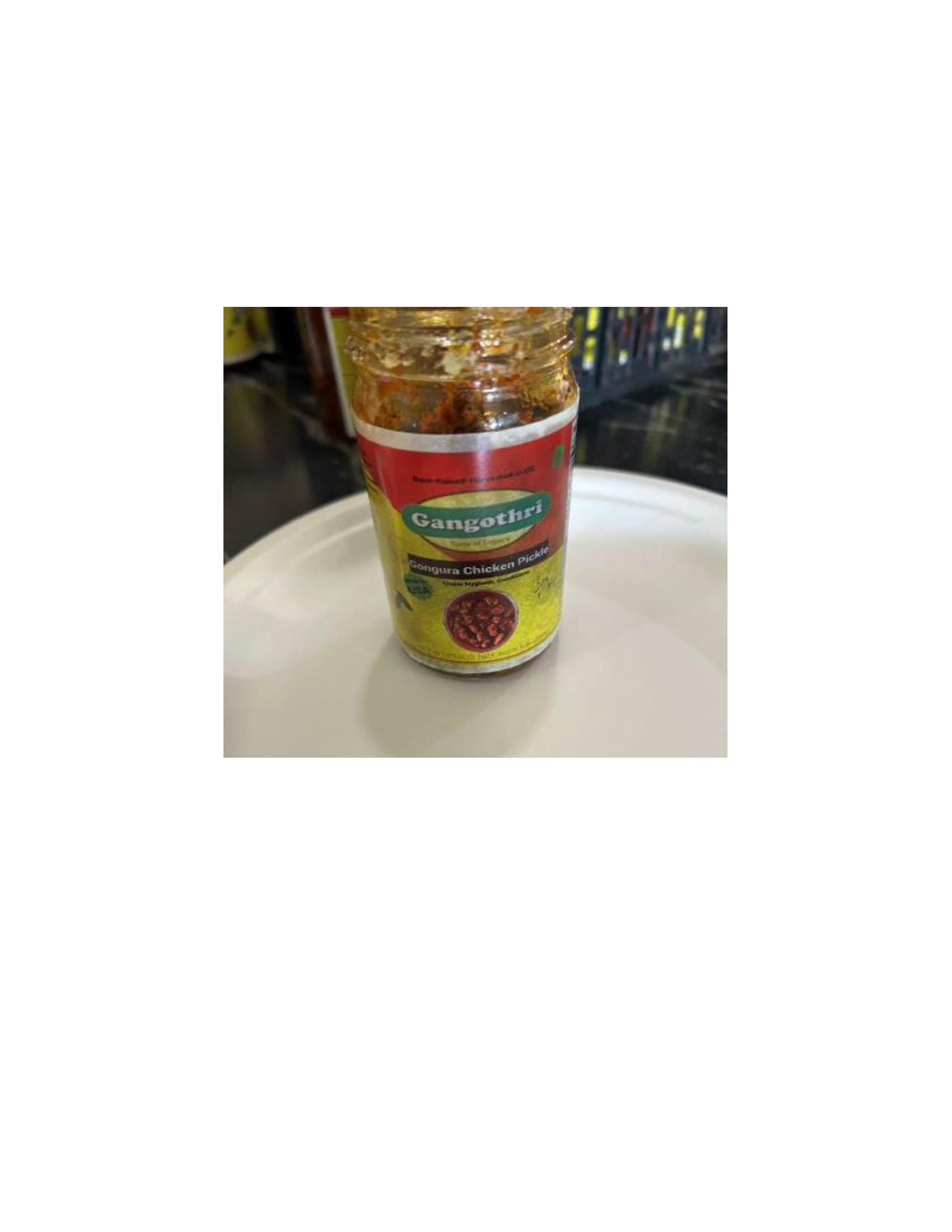 Product label for 8-oz. glass jars containing “Gangothri Goat Pickle”; 8-oz. glass jars containing “Gangothri Gongura Goat Pickle”; 8-oz. glass jars containing “Gangothri Chicken Pickle”; 8-oz. glass jars containing “Gangothri Gongura Chicken Pickle” (page 11)