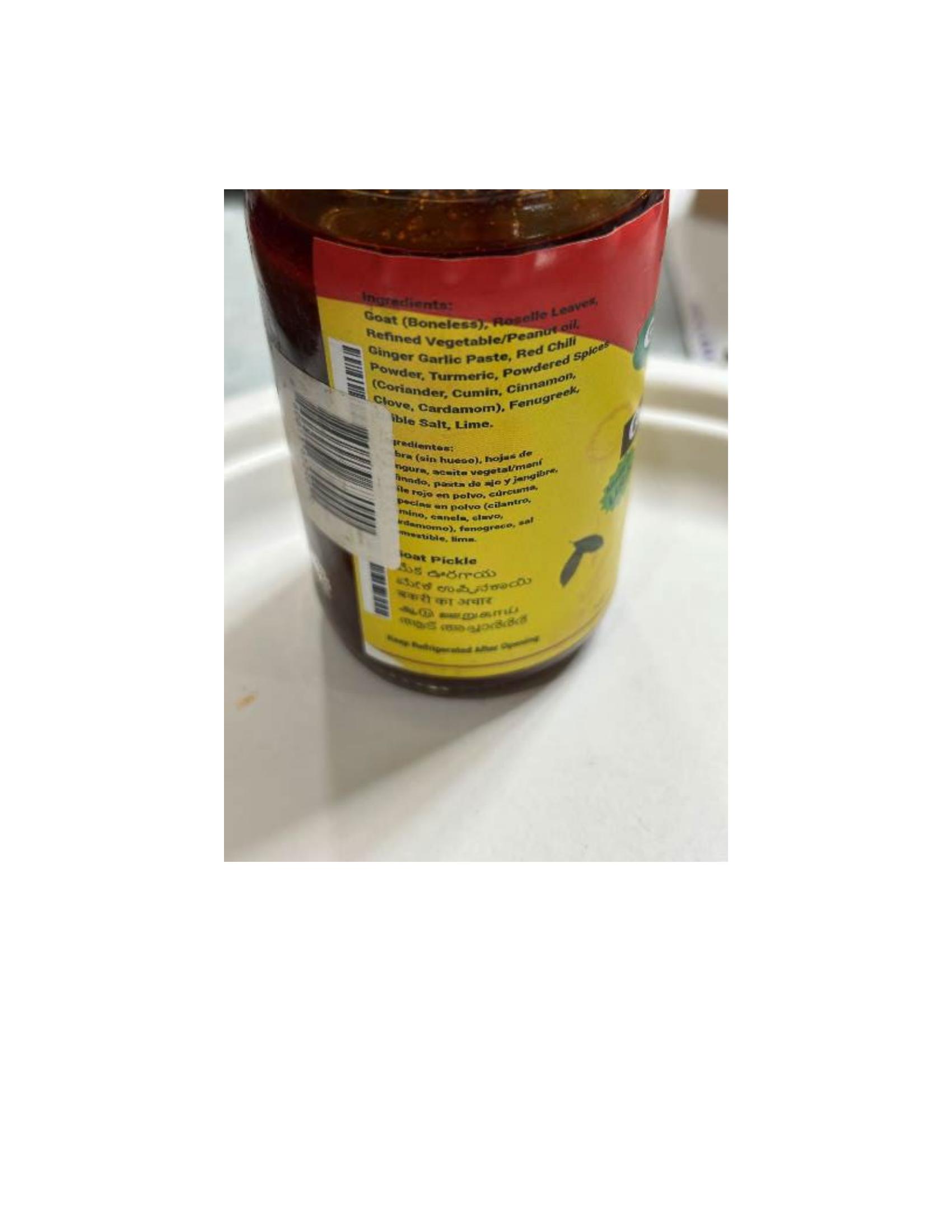 Product label for 8-oz. glass jars containing “Gangothri Goat Pickle”; 8-oz. glass jars containing “Gangothri Gongura Goat Pickle”; 8-oz. glass jars containing “Gangothri Chicken Pickle”; 8-oz. glass jars containing “Gangothri Gongura Chicken Pickle” (page 3)