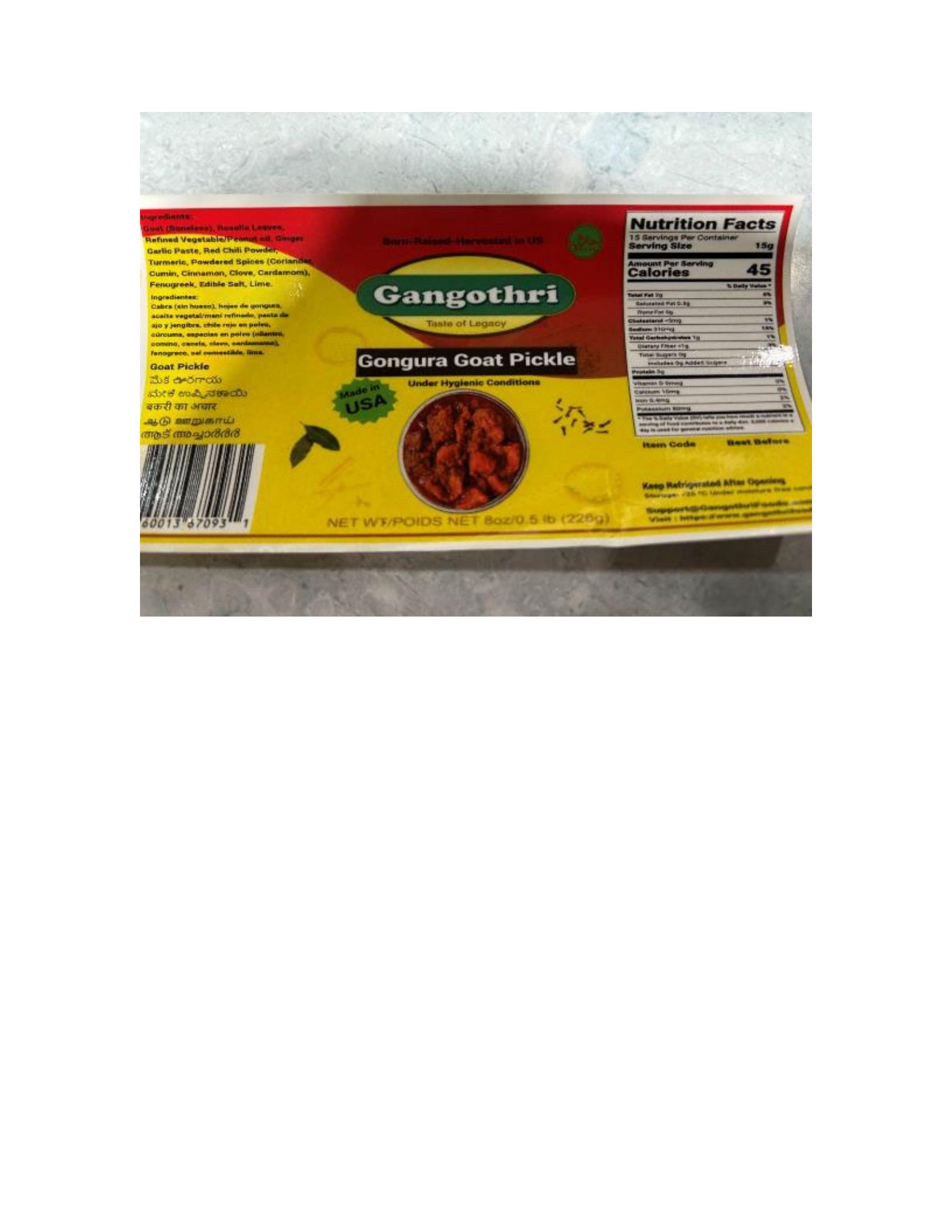 Product label for 8-oz. glass jars containing “Gangothri Goat Pickle”; 8-oz. glass jars containing “Gangothri Gongura Goat Pickle”; 8-oz. glass jars containing “Gangothri Chicken Pickle”; 8-oz. glass jars containing “Gangothri Gongura Chicken Pickle” (page 4)