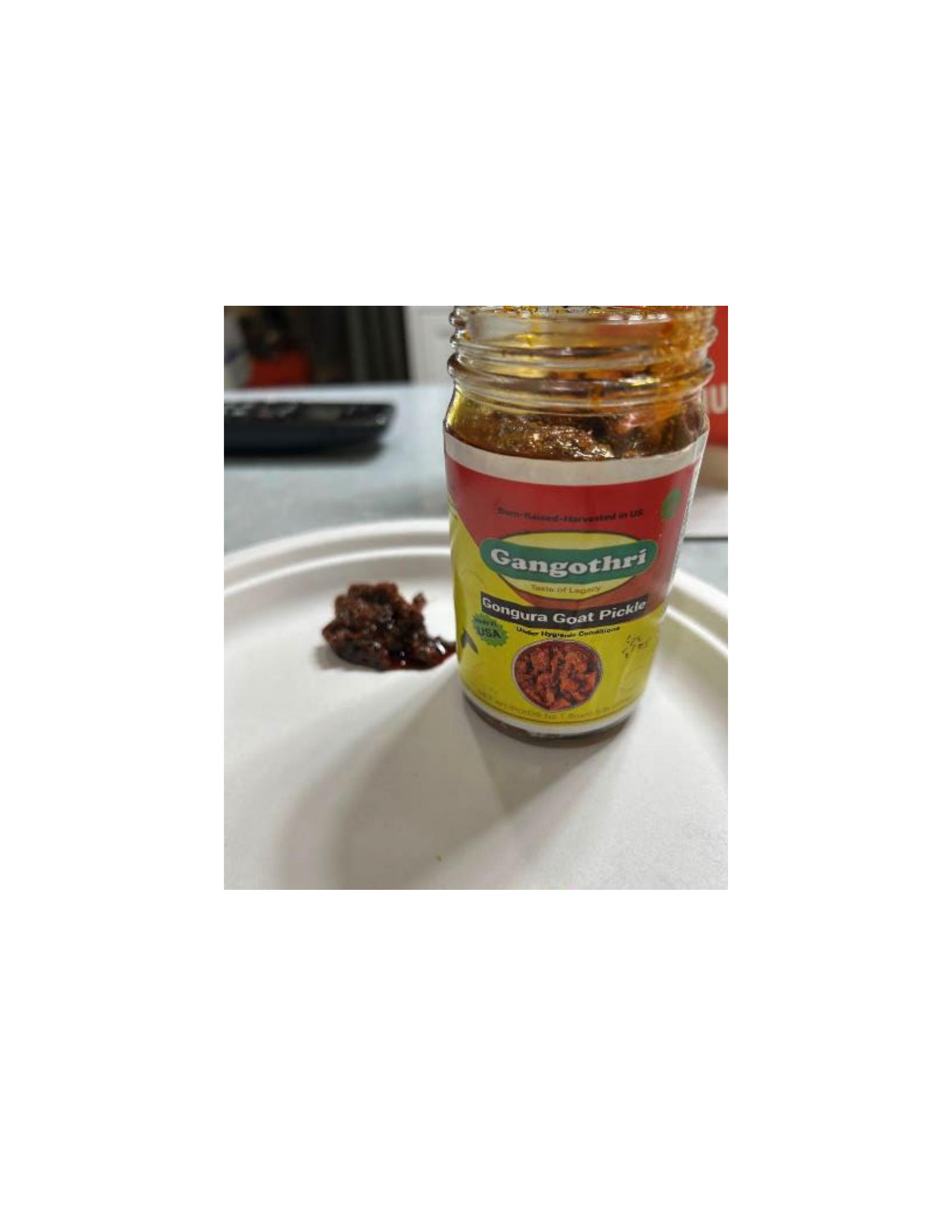 Product label for 8-oz. glass jars containing “Gangothri Goat Pickle”; 8-oz. glass jars containing “Gangothri Gongura Goat Pickle”; 8-oz. glass jars containing “Gangothri Chicken Pickle”; 8-oz. glass jars containing “Gangothri Gongura Chicken Pickle” (page 5)