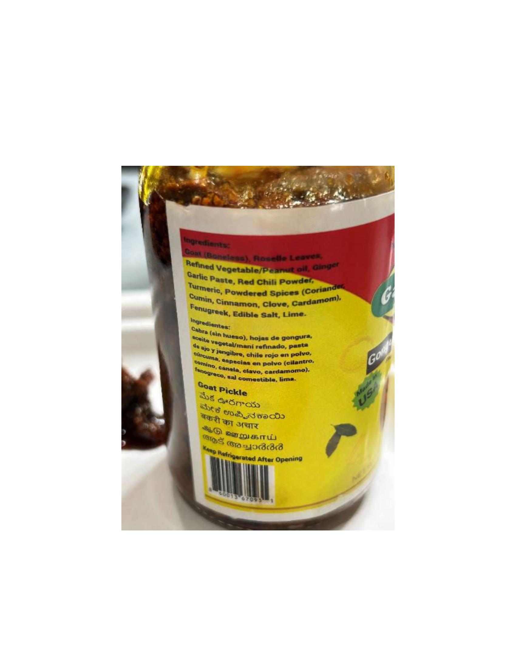 Product label for 8-oz. glass jars containing “Gangothri Goat Pickle”; 8-oz. glass jars containing “Gangothri Gongura Goat Pickle”; 8-oz. glass jars containing “Gangothri Chicken Pickle”; 8-oz. glass jars containing “Gangothri Gongura Chicken Pickle” (page 6)