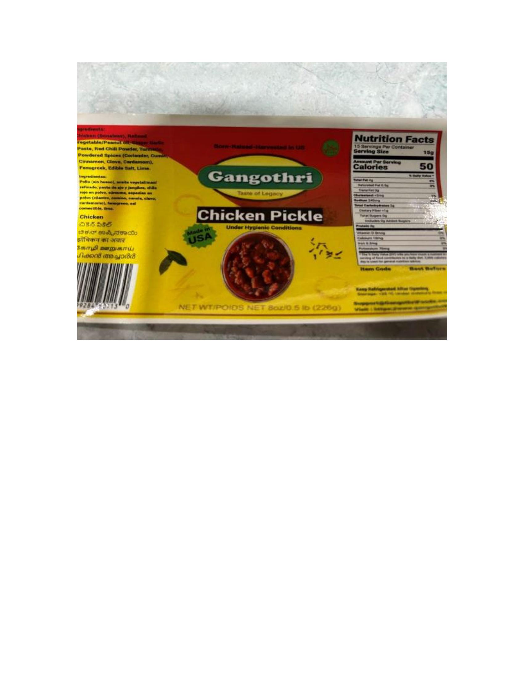 Product label for 8-oz. glass jars containing “Gangothri Goat Pickle”; 8-oz. glass jars containing “Gangothri Gongura Goat Pickle”; 8-oz. glass jars containing “Gangothri Chicken Pickle”; 8-oz. glass jars containing “Gangothri Gongura Chicken Pickle” (page 7)