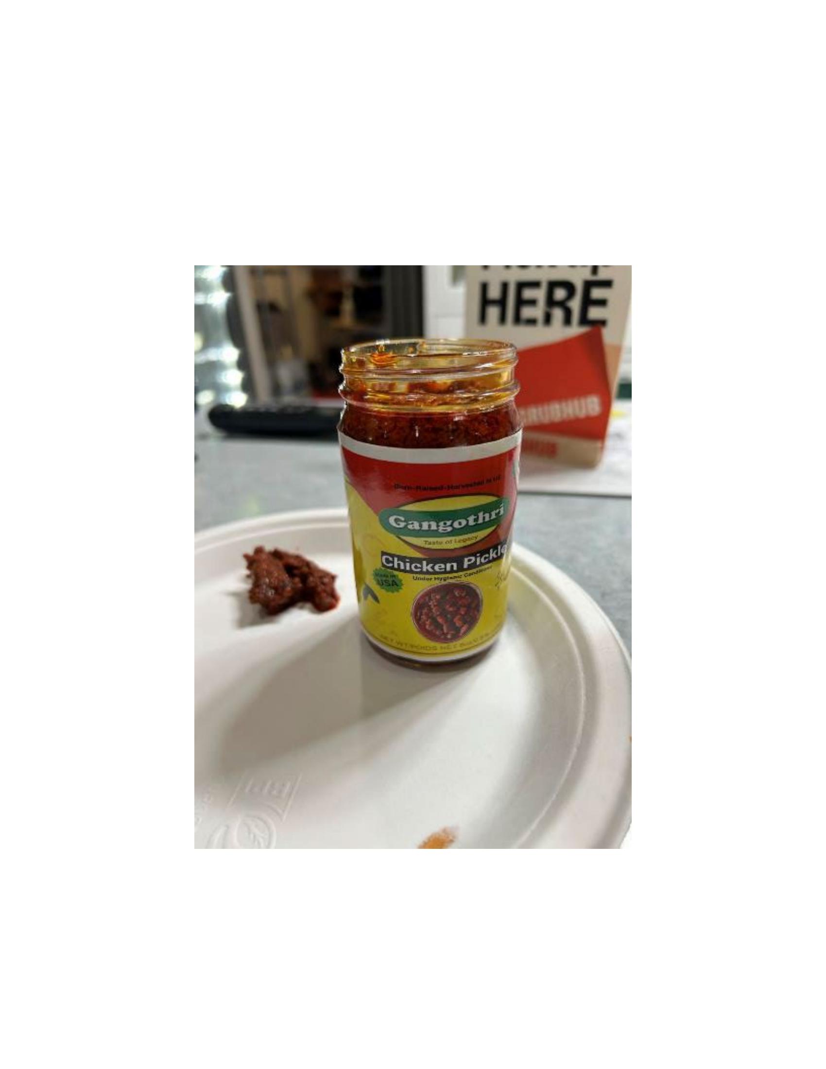 Product label for 8-oz. glass jars containing “Gangothri Goat Pickle”; 8-oz. glass jars containing “Gangothri Gongura Goat Pickle”; 8-oz. glass jars containing “Gangothri Chicken Pickle”; 8-oz. glass jars containing “Gangothri Gongura Chicken Pickle” (page 8)