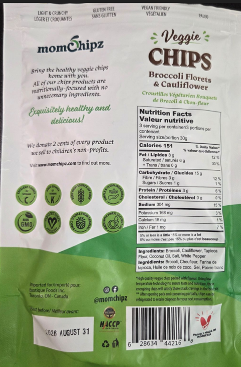 Momchipz Veggie Chips Recalled for Undeclared Gluten