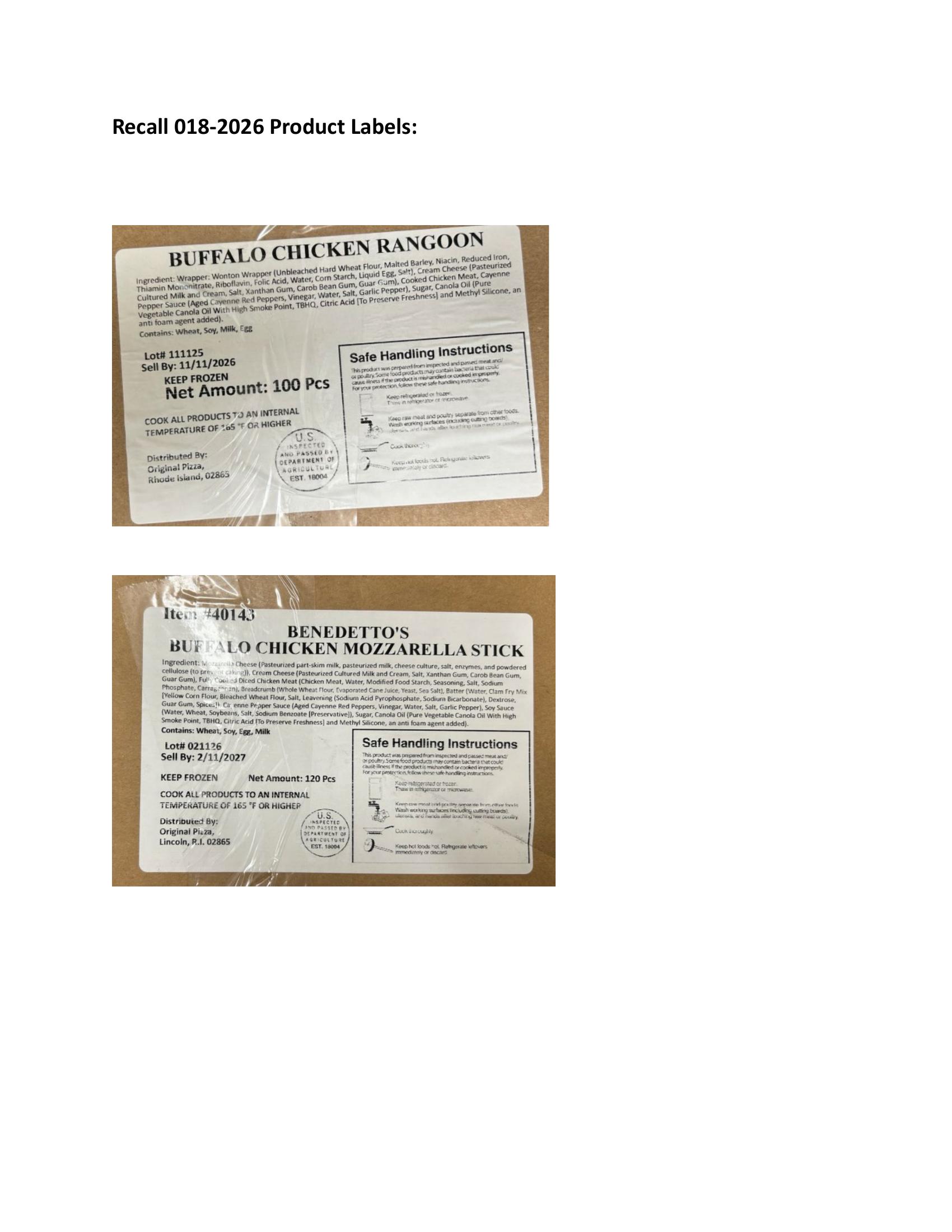 Product label for Cardboard boxes containing 100 pieces of “BUFFALO CHICKEN RANGOON” and “Sell By” dates from July 8, 2026, to June 29, 2027, represented on the label.; Cardboard boxes containing 120 pieces of “BENEDETTO’S BUFFALO CHICKEN MOZZARELLA STICK” and “Sell By” dates from July 8, 2026, to June 29, 2027, represented on the label. (page 1)