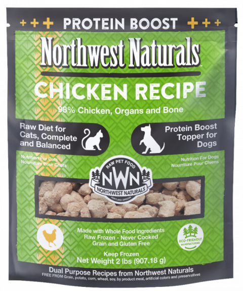 Front packaging of Northwest Naturals Frozen Chicken Recipe, 2 lb. bag, showing product name and branding