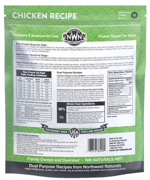 Back panel of Northwest Naturals Frozen Chicken Recipe, 2 lb. bag, showing product name and branding