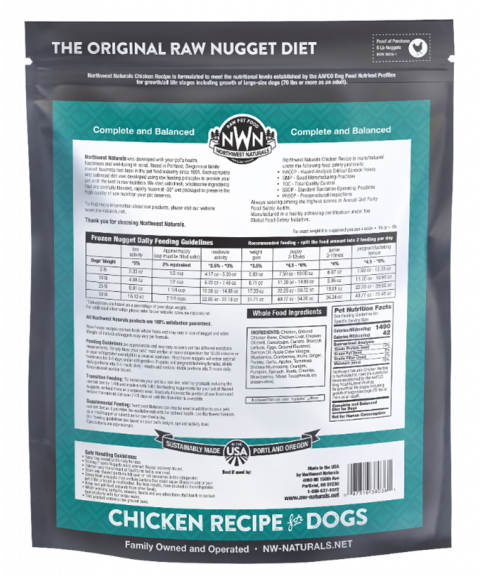 Back panel of Northwest Naturals Frozen Raw Diet for Dogs Chicken Recipe, 6 lb. bag, showing product name and branding