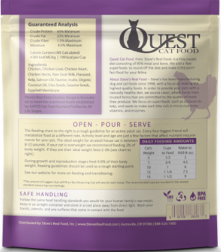 Back product label panel for Quest Cat Food Chicken Diet Bite Size Nuggets in 2 lbs. bag