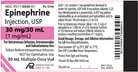 Epinephrine Injection, USP 30 mg/ 30 mL (1 mg/mL) multi dose vial