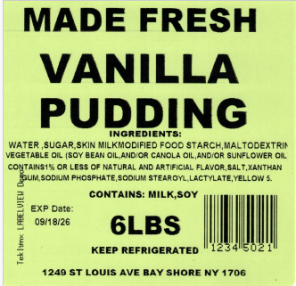 Made Fresh Salads Vanilla Pudding 6 LBS