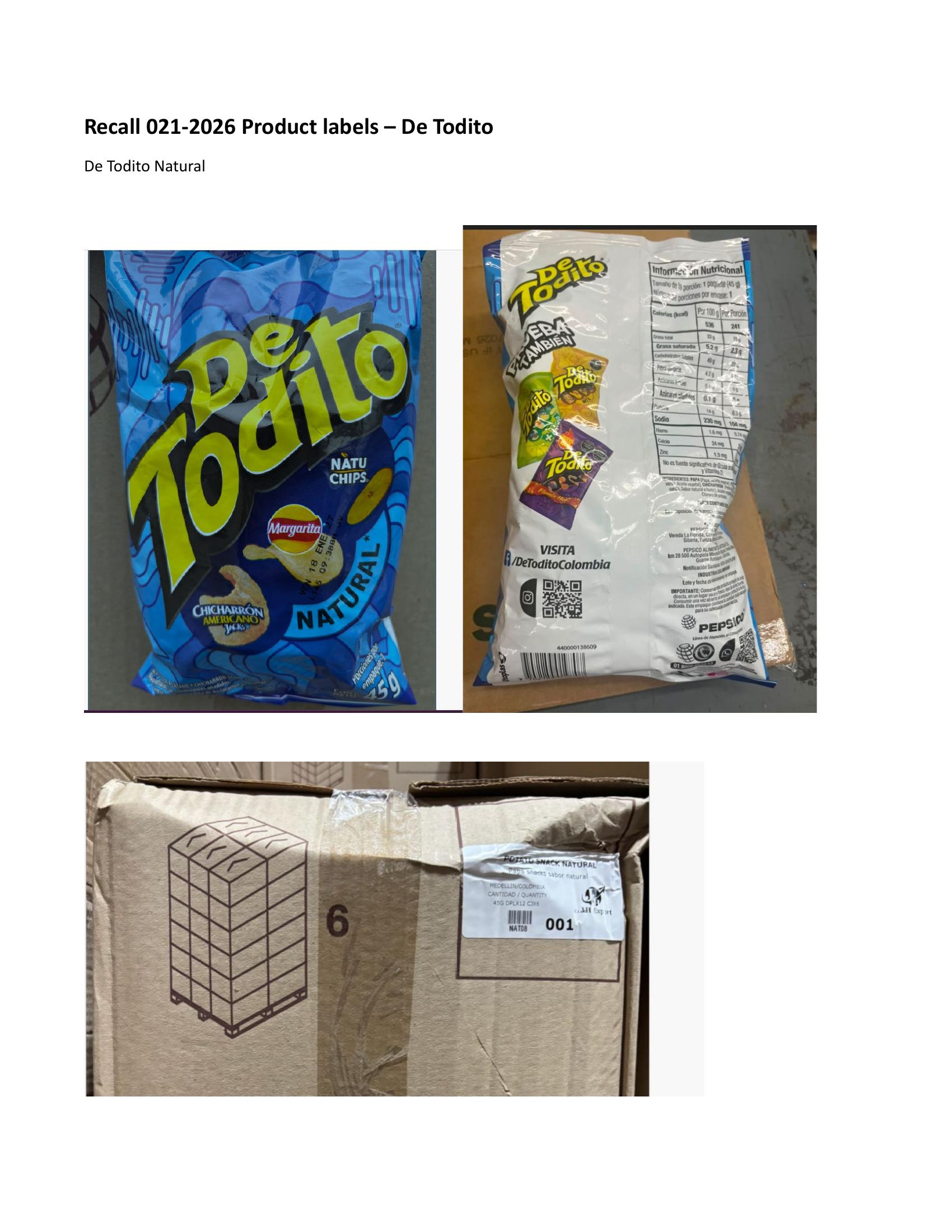 Product label for • 45-g. foil bags of “De Todito NATURAL” mixed chips with “CHICHARRÓN AMERICANO JACKS,” “Margarita,” and “NATU CHIPS.”; • 45-g. foil bags of “De Todito BBQ” mixed chips with “CHICHARRÓN AMERICANO JACKS,” “Margarita,” and “NatuChips.” (page 1)