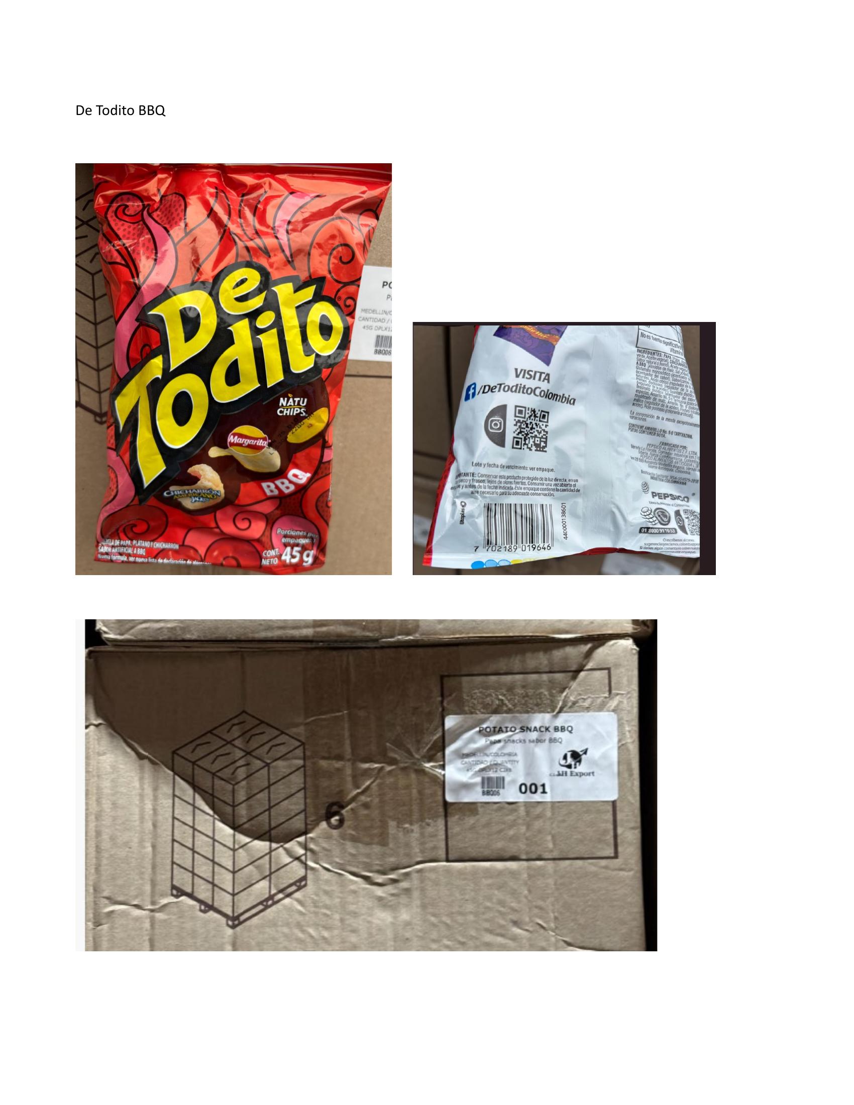 Product label for • 45-g. foil bags of “De Todito NATURAL” mixed chips with “CHICHARRÓN AMERICANO JACKS,” “Margarita,” and “NATU CHIPS.”; • 45-g. foil bags of “De Todito BBQ” mixed chips with “CHICHARRÓN AMERICANO JACKS,” “Margarita,” and “NatuChips.” (page 2)