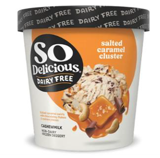 Front of container, So Delicious Dairy Free Salted Caramel Cluster Non-Dairy Frozen Dessert pint