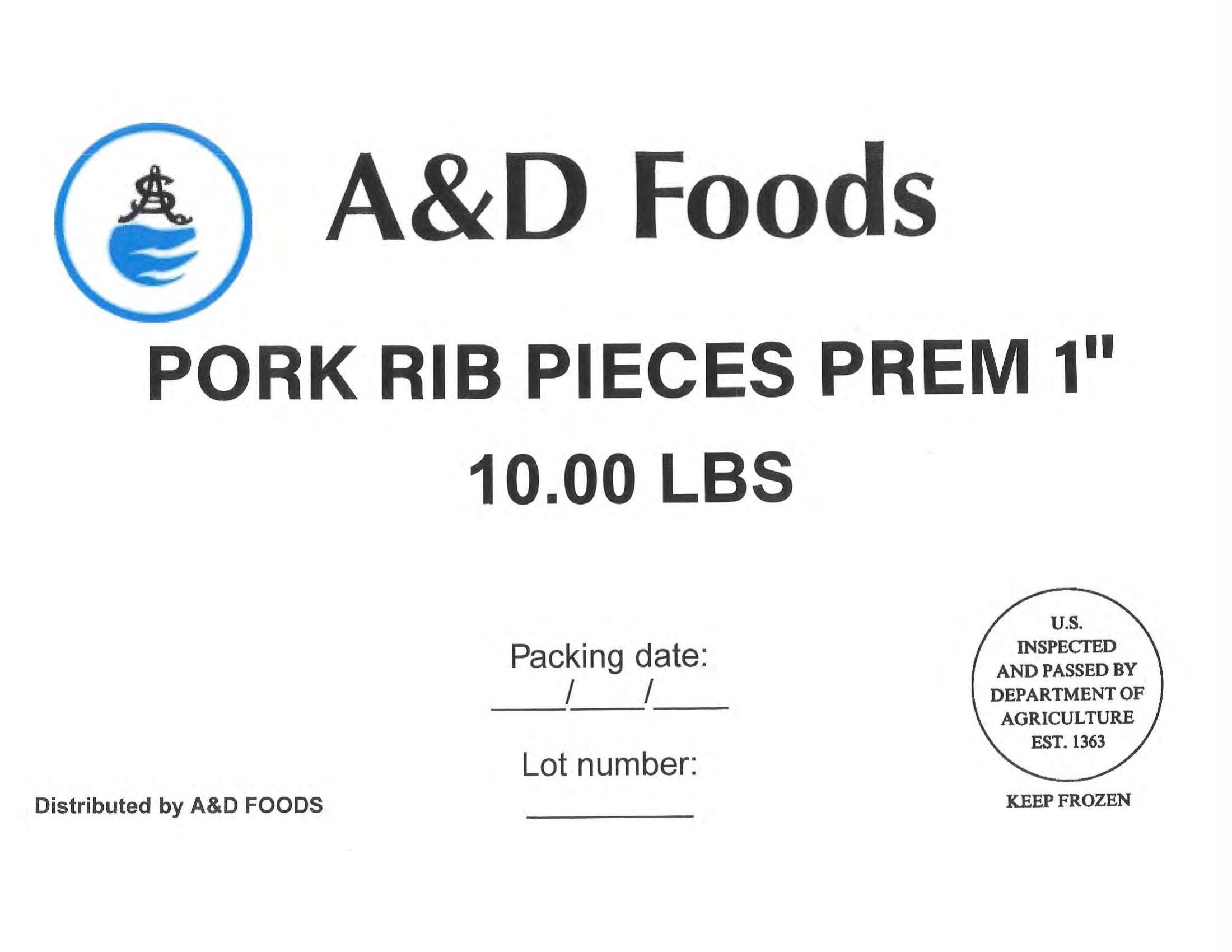 Product label for • Various weight cardboard boxes containing individually vacuum-packed A&D Foods “GOAT CUT 1-1/2" 10.00 LBS”; • Various weight cardboard boxes containing individually vacuum-packed A&D Foods “GOAT BURN SKIN ON CUT 1-1/2" 10.00 LBS”; • Various weight cardboard boxes containing individually vacuum-packed A&D Foods “SLICE RIBEYE 4oz 10.00 LBS”; • Various weight cardboard boxes containing individually vacuum-packed A&D Foods “BEEF CHUCK THIN SLICED KBQ 4 MM 20.00 LBS”; • Various weight cardboard boxes containing individually vacuum-packed A&D Foods “BEEF OXTAIL CUT 10.00LBS” (page 13)