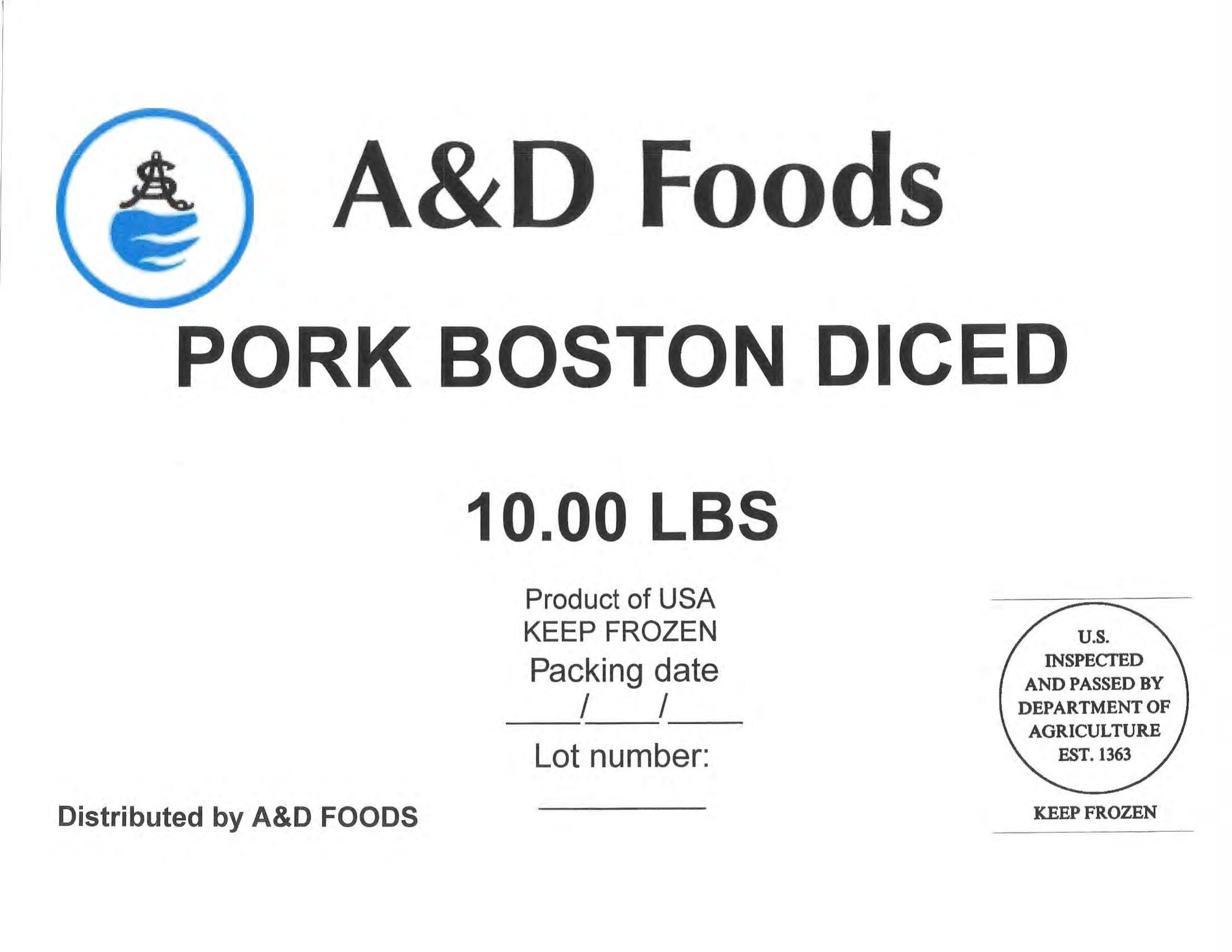 Product label for • Various weight cardboard boxes containing individually vacuum-packed A&D Foods “GOAT CUT 1-1/2" 10.00 LBS”; • Various weight cardboard boxes containing individually vacuum-packed A&D Foods “GOAT BURN SKIN ON CUT 1-1/2" 10.00 LBS”; • Various weight cardboard boxes containing individually vacuum-packed A&D Foods “SLICE RIBEYE 4oz 10.00 LBS”; • Various weight cardboard boxes containing individually vacuum-packed A&D Foods “BEEF CHUCK THIN SLICED KBQ 4 MM 20.00 LBS”; • Various weight cardboard boxes containing individually vacuum-packed A&D Foods “BEEF OXTAIL CUT 10.00LBS” (page 14)