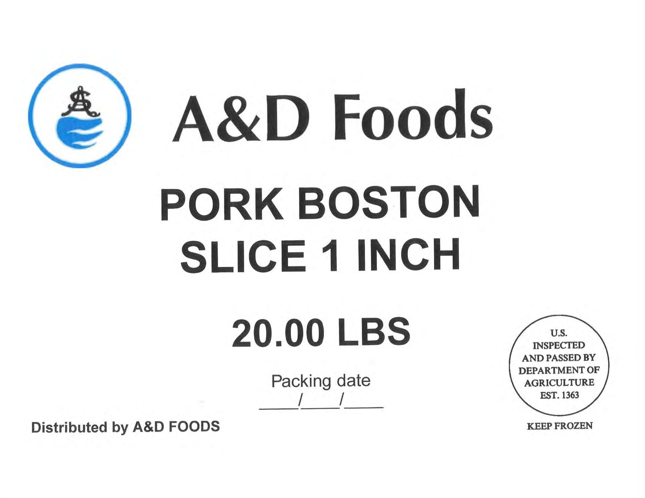 Product label for • Various weight cardboard boxes containing individually vacuum-packed A&D Foods “GOAT CUT 1-1/2" 10.00 LBS”; • Various weight cardboard boxes containing individually vacuum-packed A&D Foods “GOAT BURN SKIN ON CUT 1-1/2" 10.00 LBS”; • Various weight cardboard boxes containing individually vacuum-packed A&D Foods “SLICE RIBEYE 4oz 10.00 LBS”; • Various weight cardboard boxes containing individually vacuum-packed A&D Foods “BEEF CHUCK THIN SLICED KBQ 4 MM 20.00 LBS”; • Various weight cardboard boxes containing individually vacuum-packed A&D Foods “BEEF OXTAIL CUT 10.00LBS” (page 15)