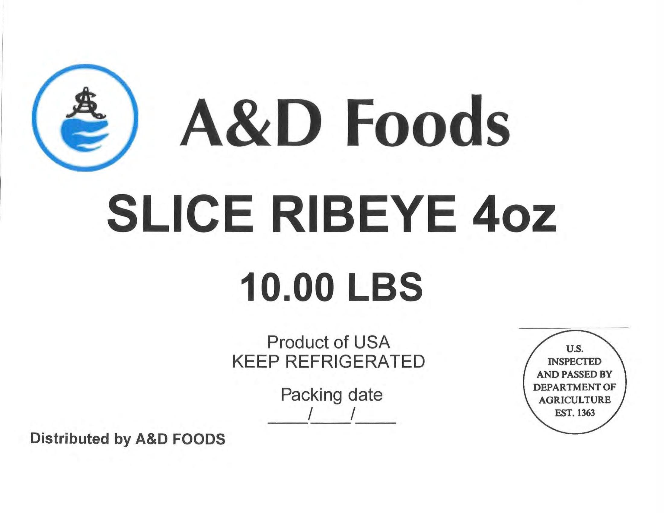 Product label for • Various weight cardboard boxes containing individually vacuum-packed A&D Foods “GOAT CUT 1-1/2" 10.00 LBS”; • Various weight cardboard boxes containing individually vacuum-packed A&D Foods “GOAT BURN SKIN ON CUT 1-1/2" 10.00 LBS”; • Various weight cardboard boxes containing individually vacuum-packed A&D Foods “SLICE RIBEYE 4oz 10.00 LBS”; • Various weight cardboard boxes containing individually vacuum-packed A&D Foods “BEEF CHUCK THIN SLICED KBQ 4 MM 20.00 LBS”; • Various weight cardboard boxes containing individually vacuum-packed A&D Foods “BEEF OXTAIL CUT 10.00LBS” (page 3)