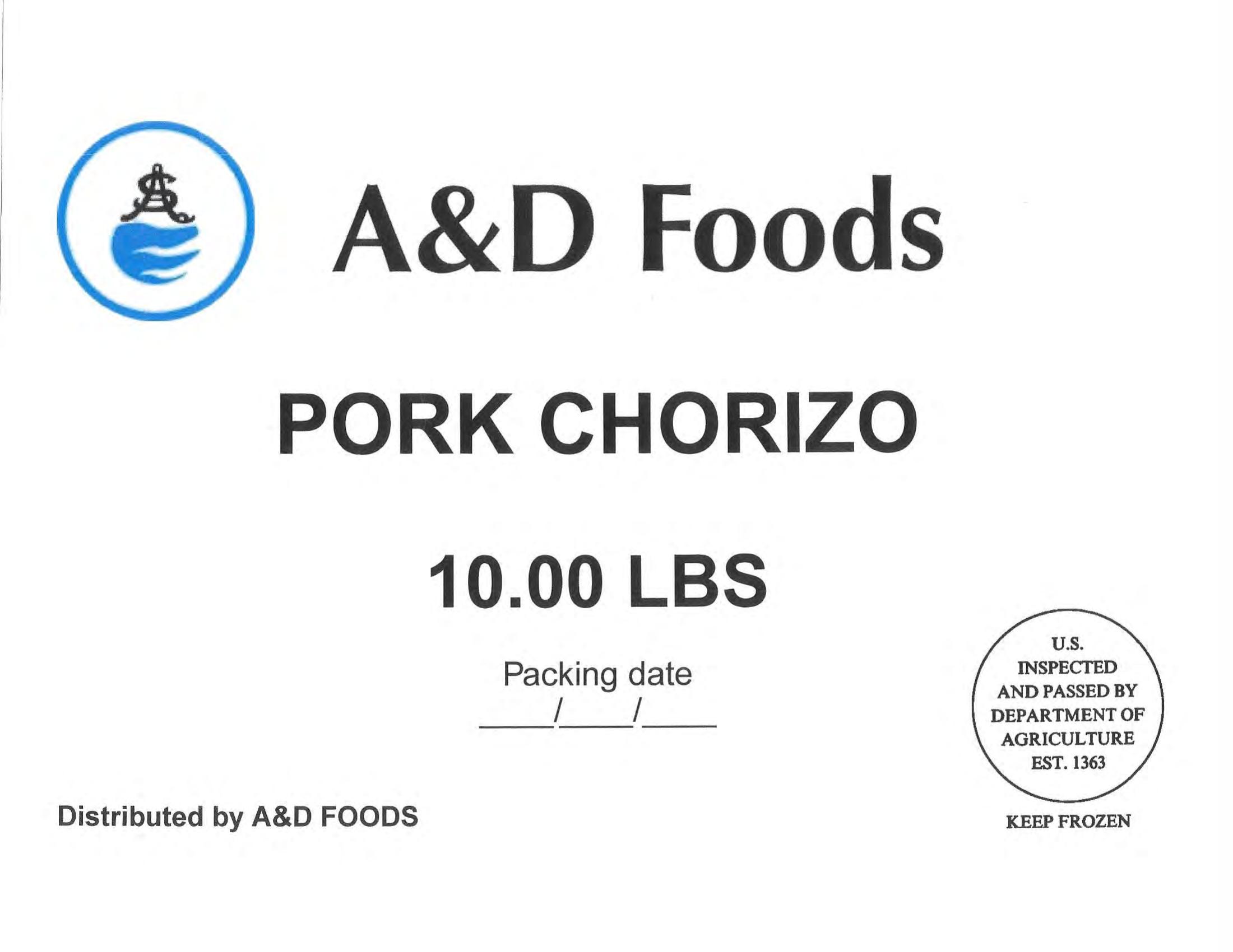 Product label for • Various weight cardboard boxes containing individually vacuum-packed A&D Foods “GOAT CUT 1-1/2" 10.00 LBS”; • Various weight cardboard boxes containing individually vacuum-packed A&D Foods “GOAT BURN SKIN ON CUT 1-1/2" 10.00 LBS”; • Various weight cardboard boxes containing individually vacuum-packed A&D Foods “SLICE RIBEYE 4oz 10.00 LBS”; • Various weight cardboard boxes containing individually vacuum-packed A&D Foods “BEEF CHUCK THIN SLICED KBQ 4 MM 20.00 LBS”; • Various weight cardboard boxes containing individually vacuum-packed A&D Foods “BEEF OXTAIL CUT 10.00LBS” (page 9)