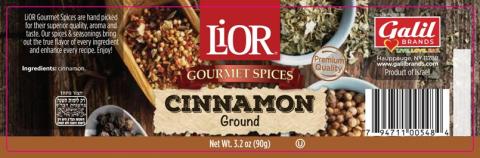 Image of label, Lior Gourmet Spices Cinnamon Ground Net Wt. 3.2 oz (90g) UPC 794711005484