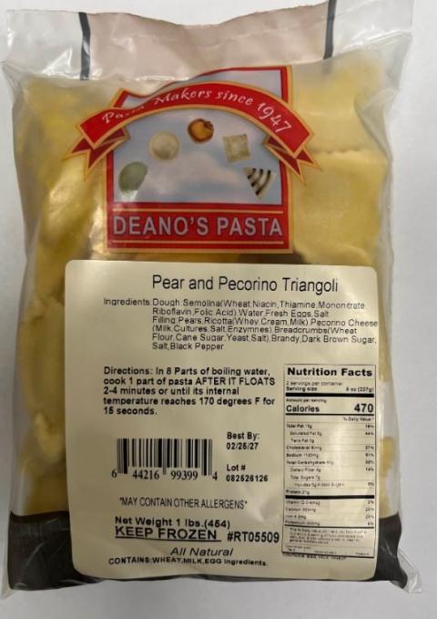 Deano’s Pasta Pear and Pecorino Triangoli Ravioli packed in 1 lb. bag, UPC 644216993994