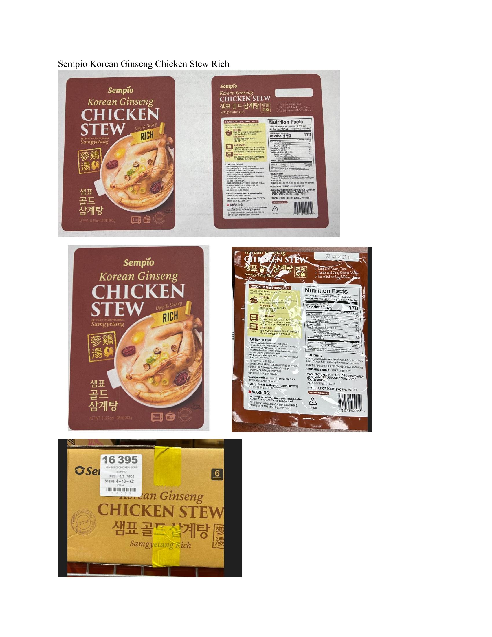 Product label for Cardboard boxes containing pouches of 31.75-oz (900 g) “Sempio Korean Ginseng CHICKEN STEW CLASSIC”; Cardboard boxes containing pouches of 31.75-oz (900 g) “Sempio Korean Ginseng CHICKEN STEW RICH” (page 2)