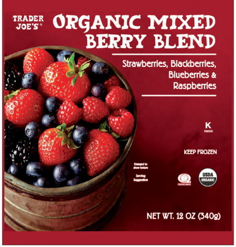 Trader Joe’s Oragnic Mixed Berry Blend, Strawberries, Blackberries, Blueberries & Raspberries, NET WT 12 OZ, UPC 00977654