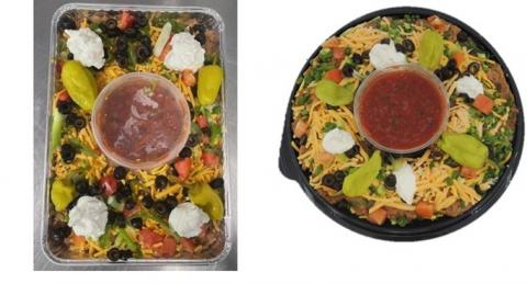 Image of Product, WinCo Foods Salsa Bean Dip Tray Express net weight of 54oz UPC 2-67173-##### and WinCo Foods Salsa Bean Dip Tray, 16 Inch Catering Tray(by special order only) net weight of 104oz UPC 2-67240-#####