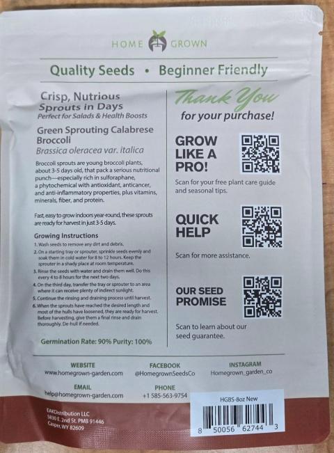 Back package label, HOME GROWN Green Sprouting Calabrese Broccoli Seeds, 8 oz, Heirloom