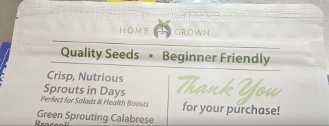 Embossed top seal, Lot Code of AUG172026, HOME GROWN Green Sprouting Calabrese Broccoli Seeds, 8 oz, Heirloom