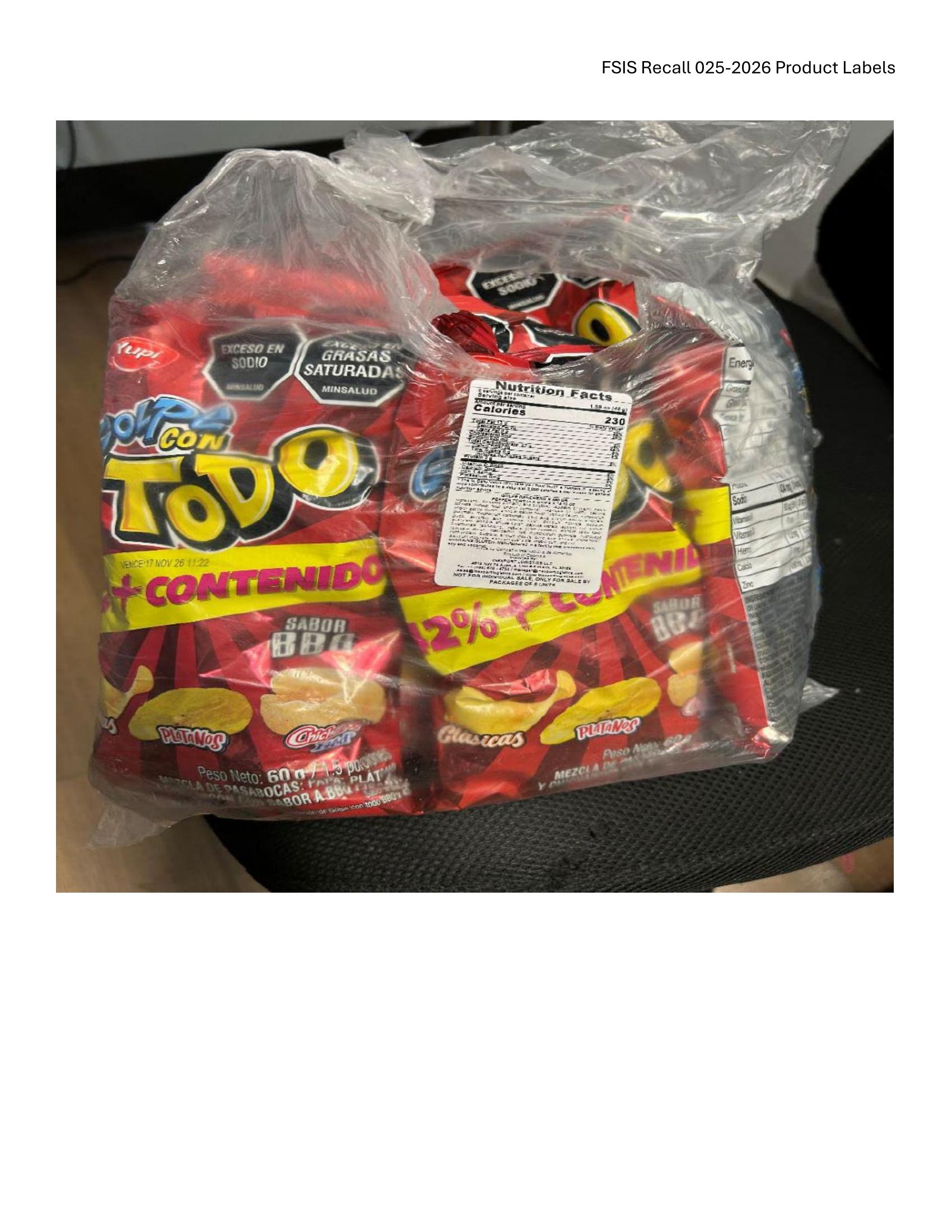 Product label for • 60-g. foil bags of “YUPI GOLPE CON TODO SABOR BBQ” mixed chips with “Clásicas,” “PLATANOS,” and “Chicharrón Fred.” (page 1)