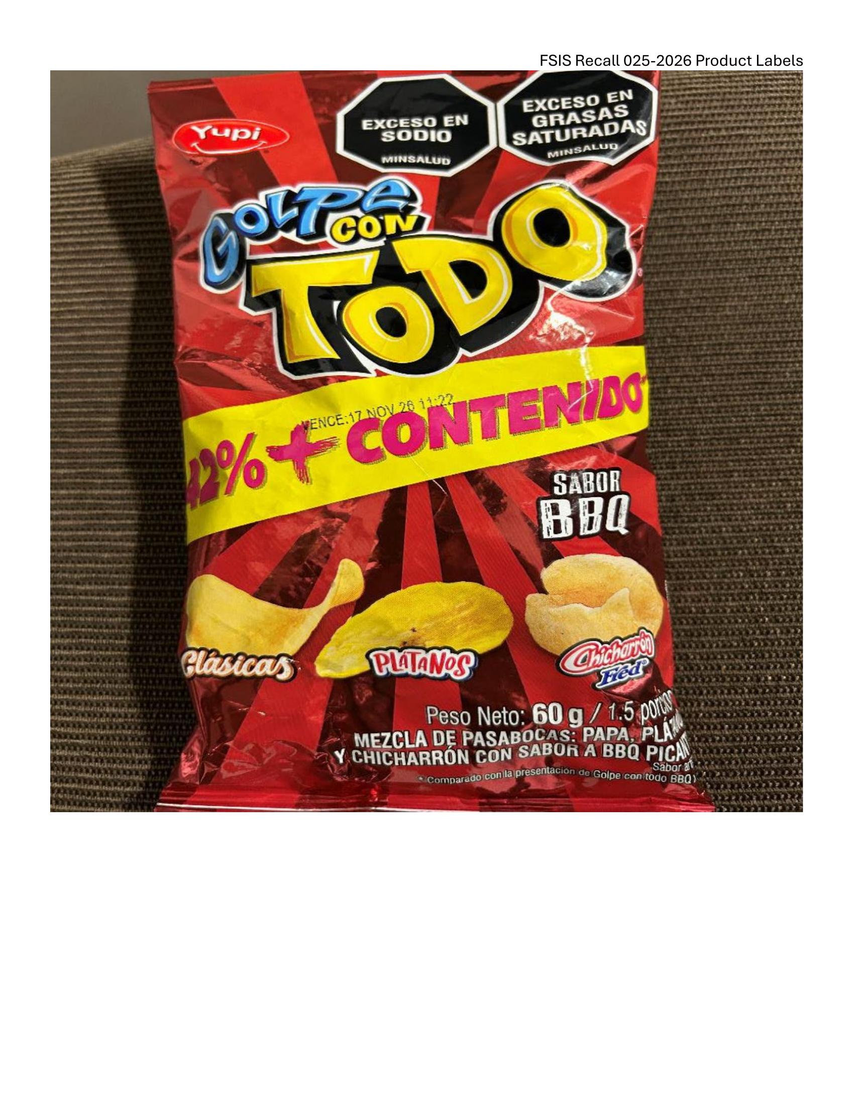 Product label for • 60-g. foil bags of “YUPI GOLPE CON TODO SABOR BBQ” mixed chips with “Clásicas,” “PLATANOS,” and “Chicharrón Fred.” (page 2)