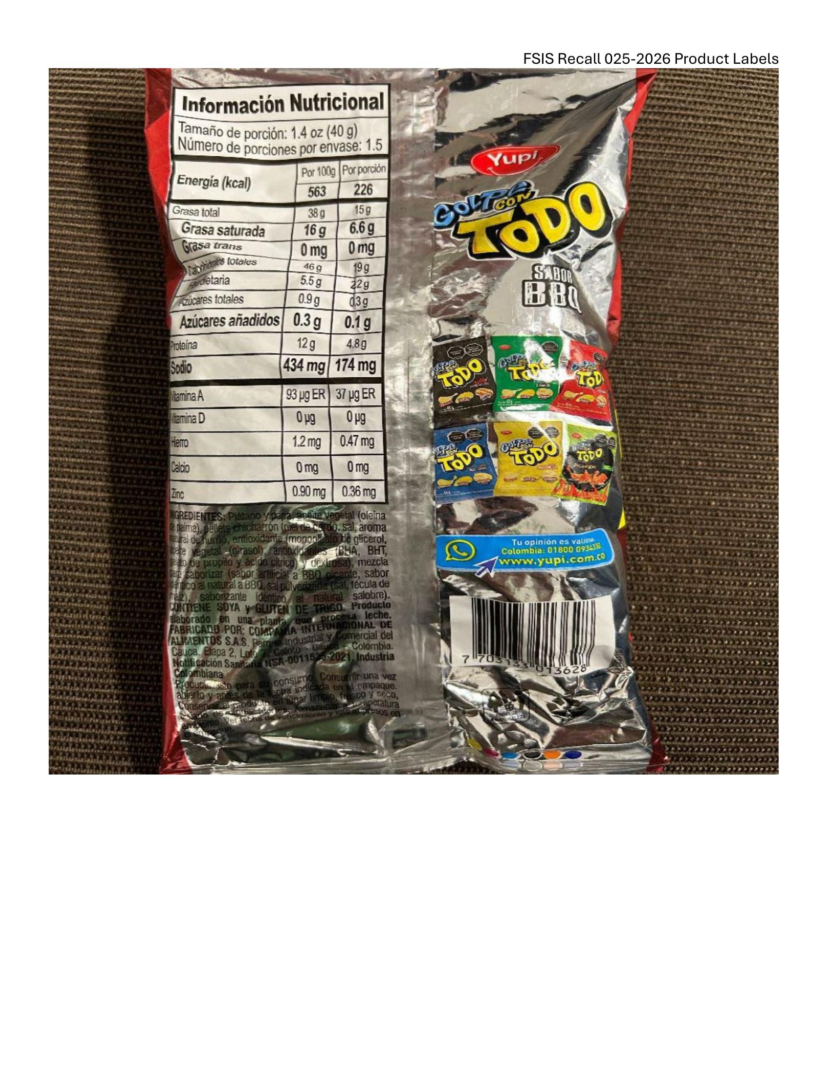 Product label for • 60-g. foil bags of “YUPI GOLPE CON TODO SABOR BBQ” mixed chips with “Clásicas,” “PLATANOS,” and “Chicharrón Fred.” (page 3)