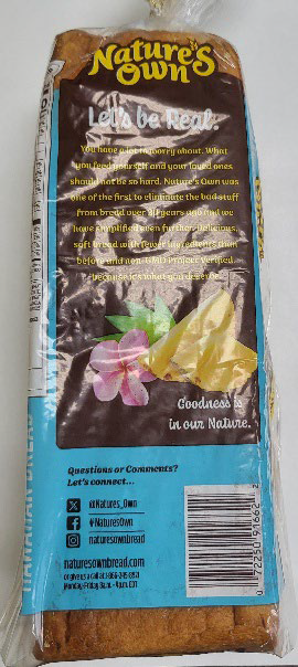 Image of Back Label, Nature’s Own® Hawaiian Bread net weight of 20 oz.
