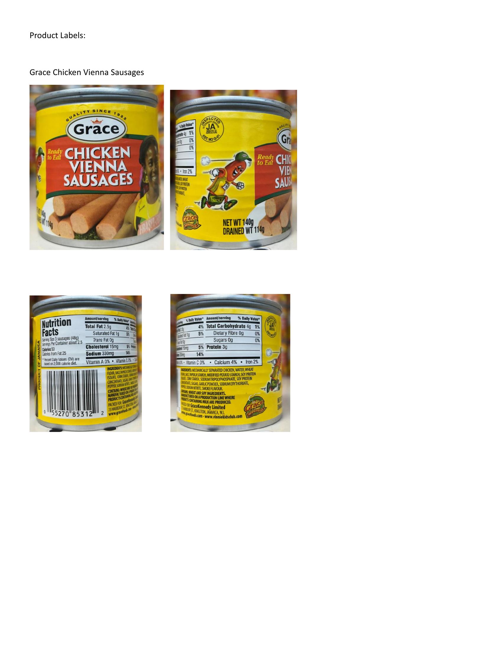 Product label for • 140-g. cans of “GRACE READY TO EAT CHICKEN VIENNA SAUSAGES.”; • 140-g. cans of “GRACE READY TO EAT CHICKEN VIENNA SAUSAGES HOT & SPICY.” (page 1)