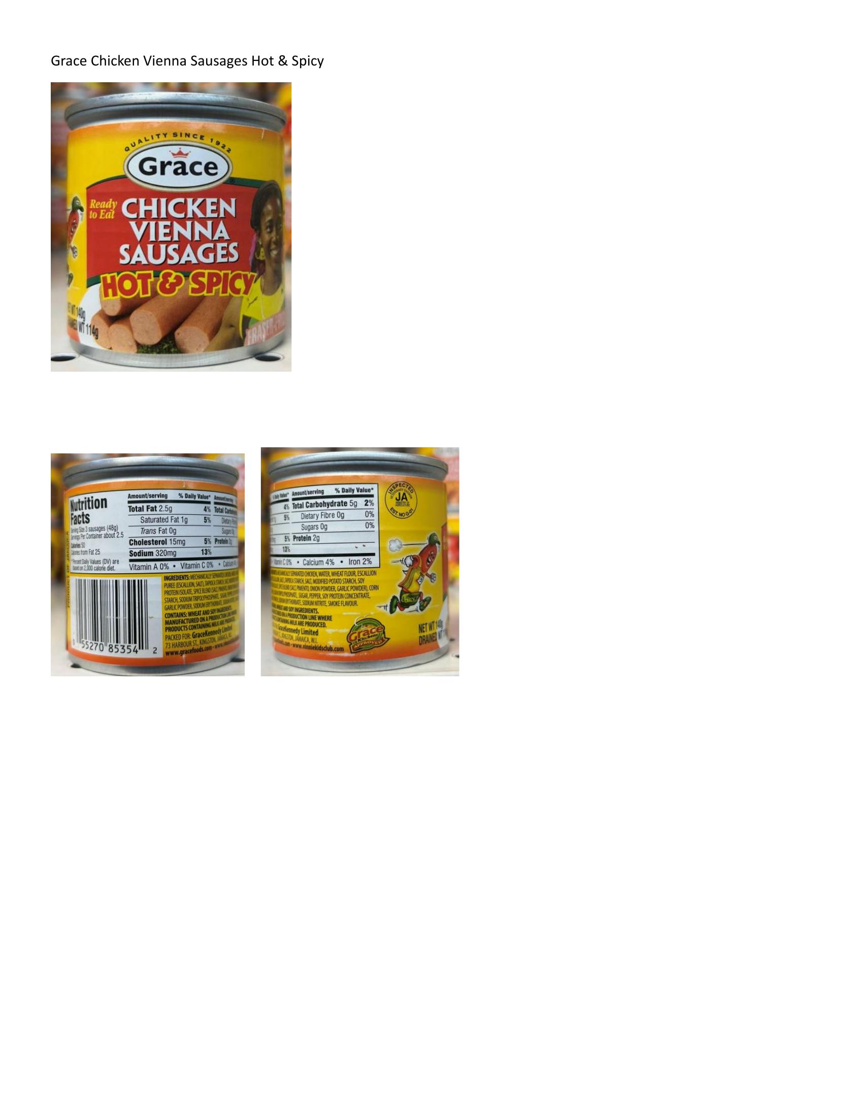 Product label for • 140-g. cans of “GRACE READY TO EAT CHICKEN VIENNA SAUSAGES.”; • 140-g. cans of “GRACE READY TO EAT CHICKEN VIENNA SAUSAGES HOT & SPICY.” (page 2)