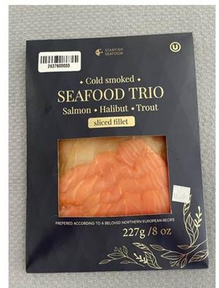 Photograph of front label panel of Starfish Seafood Cold Smoked Seafood Trio Salmon Halibut Trout Sliced Fillet, 8 oz.