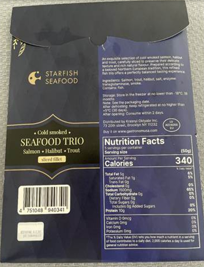 Photograph of back label panel of Starfish Seafood Cold Smoked Seafood Trio Salmon Halibut Trout Sliced Fillet, 8 oz.